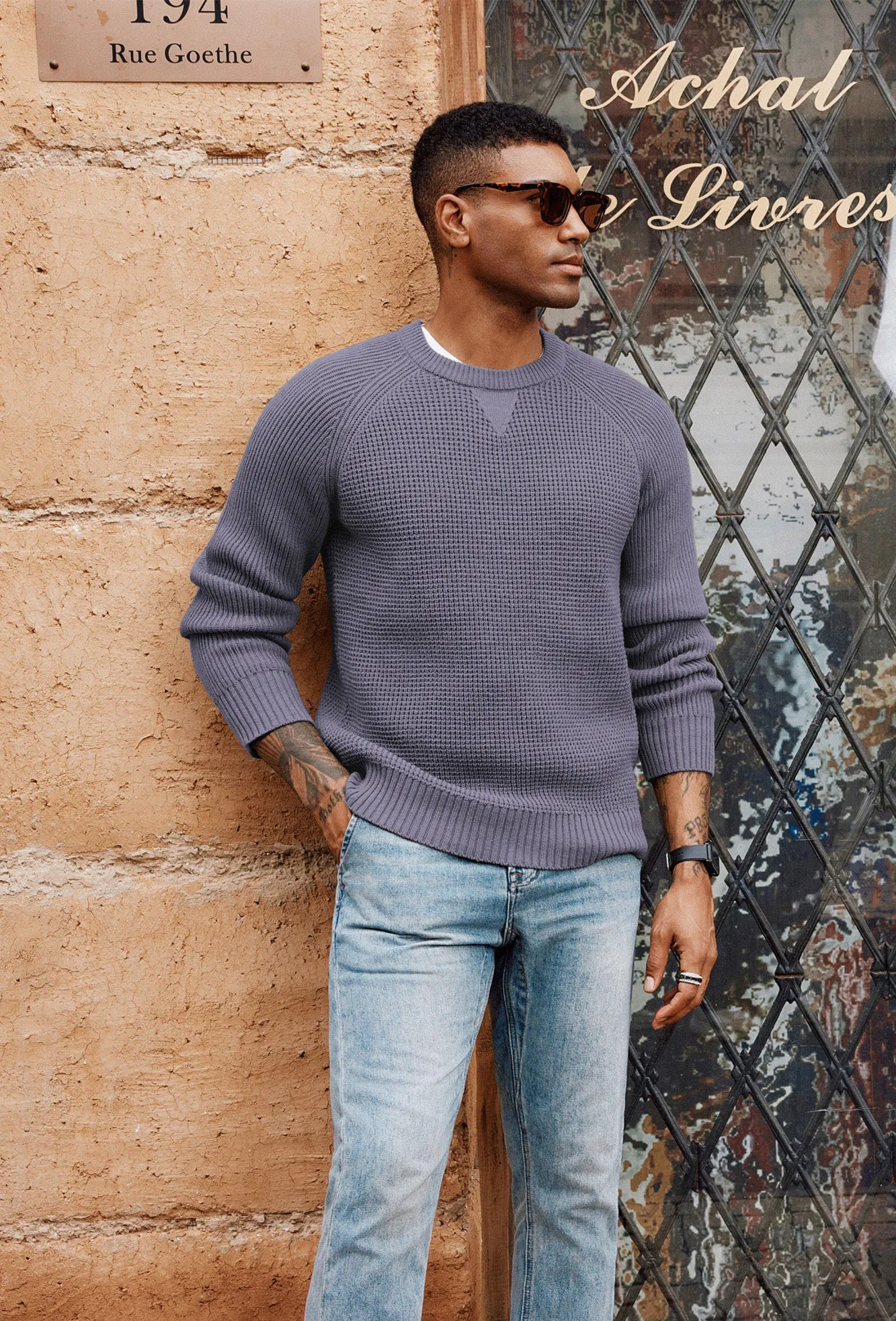Men Waffle Textured Sweater Long Raglan Sleeve Crew Neck Ribbed Cuff Pullover