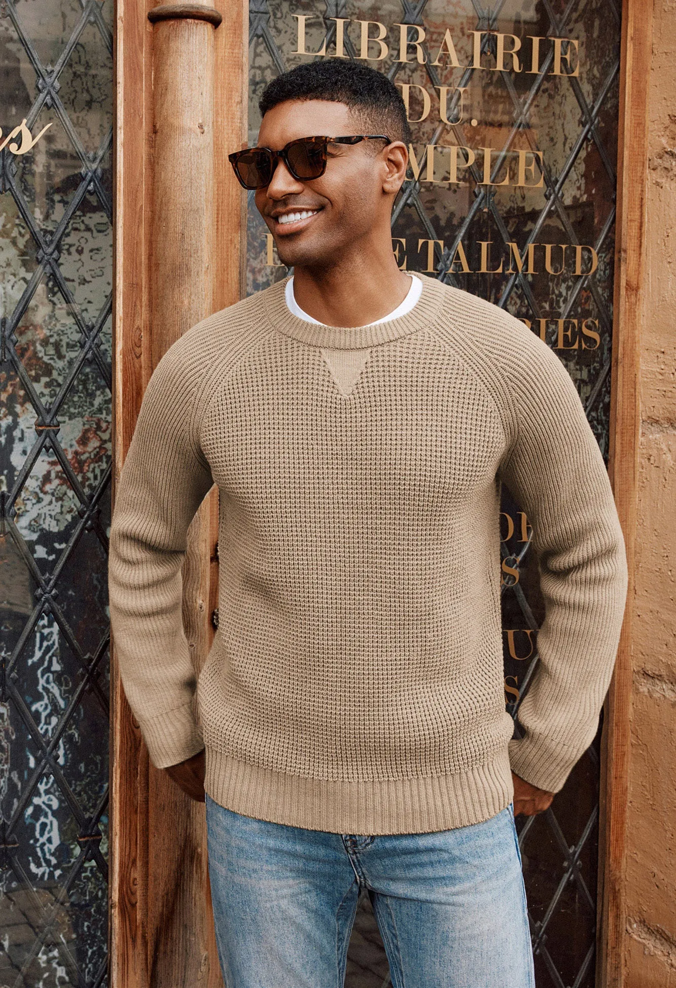 Men Waffle Textured Sweater Long Raglan Sleeve Crew Neck Ribbed Cuff Pullover