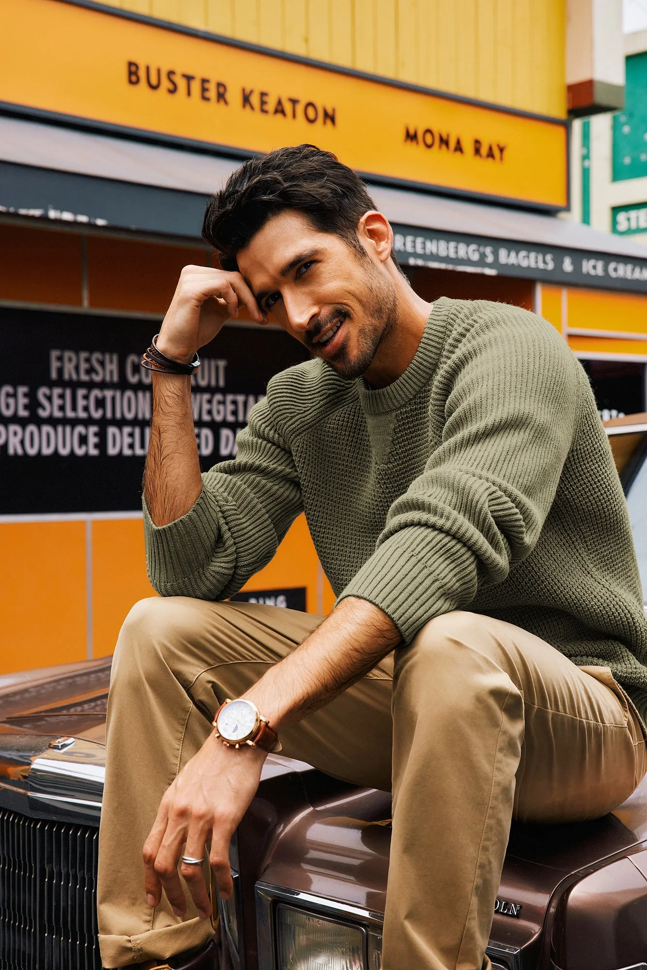 Men Waffle Textured Sweater Long Raglan Sleeve Crew Neck Ribbed Cuff Pullover