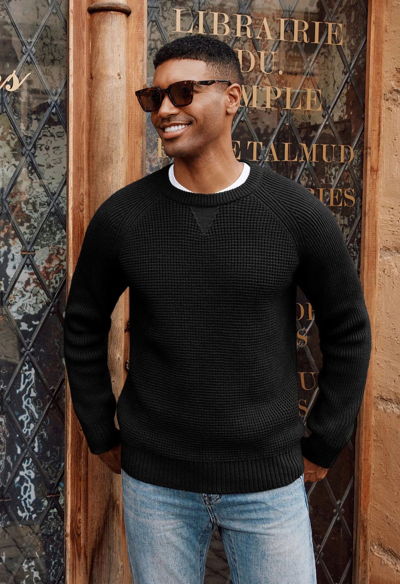 Men Waffle Textured Sweater Long Raglan Sleeve Crew Neck Ribbed Cuff Pullover