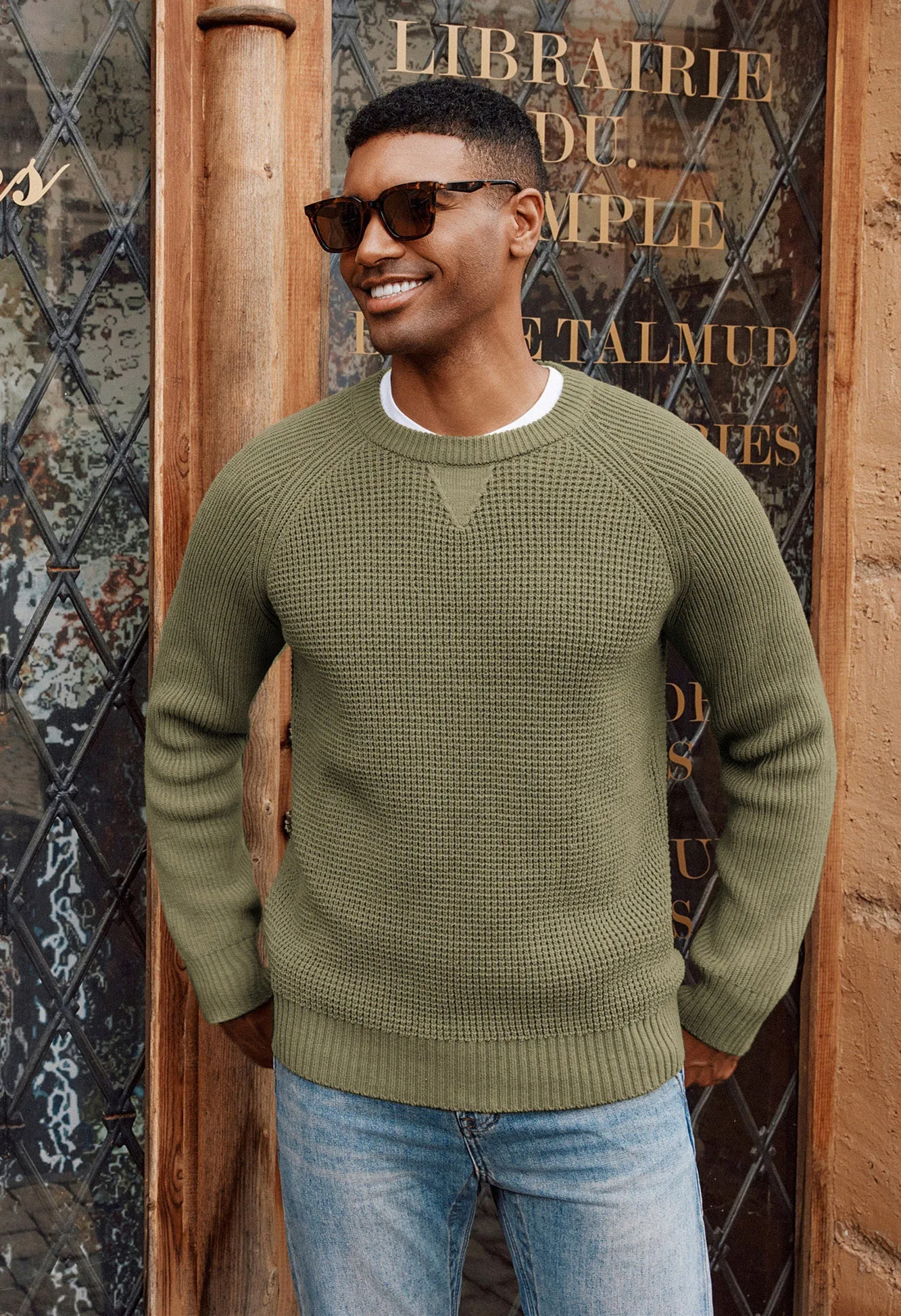 Men Waffle Textured Sweater Long Raglan Sleeve Crew Neck Ribbed Cuff Pullover