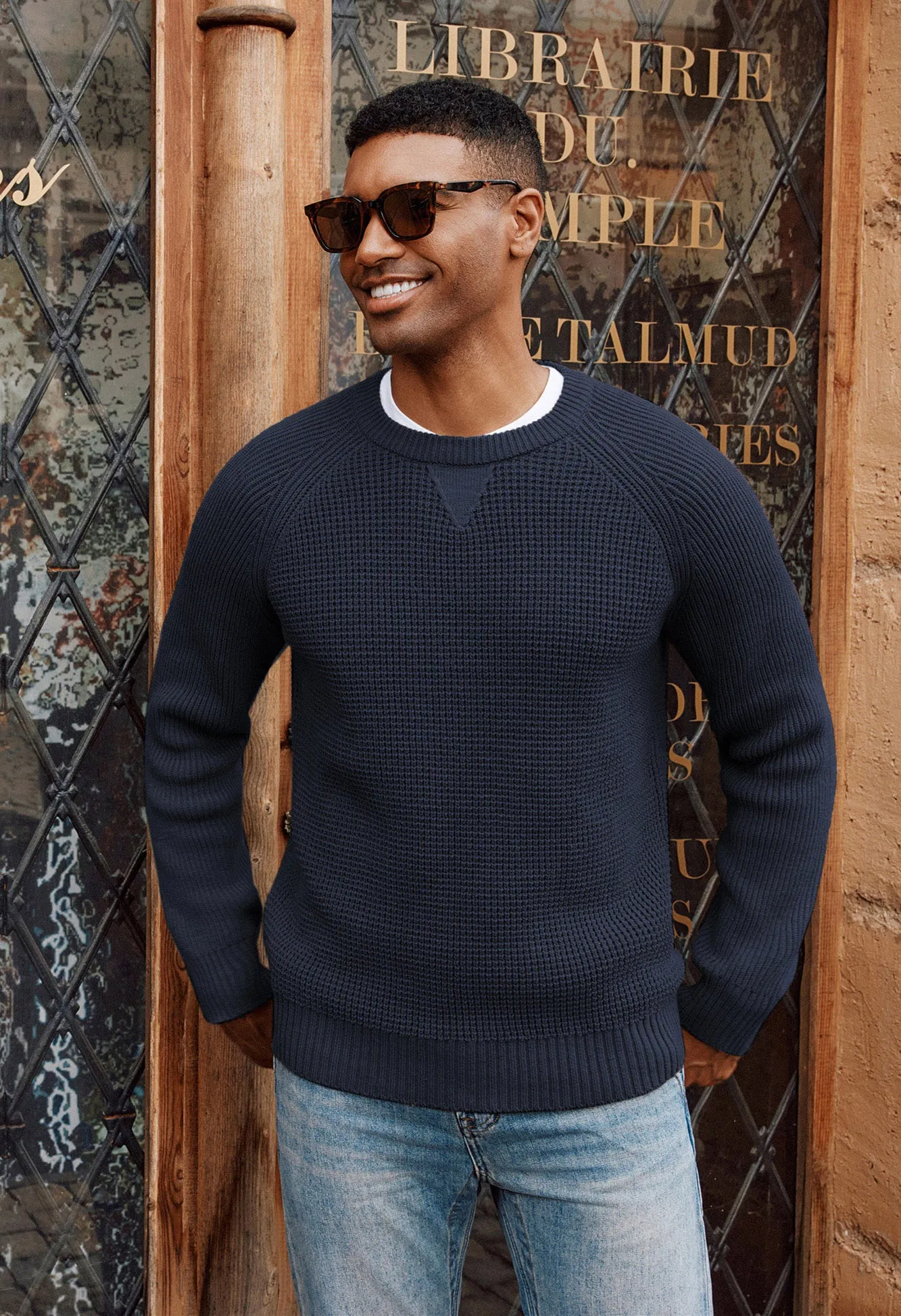 Men Waffle Textured Sweater Long Raglan Sleeve Crew Neck Ribbed Cuff Pullover