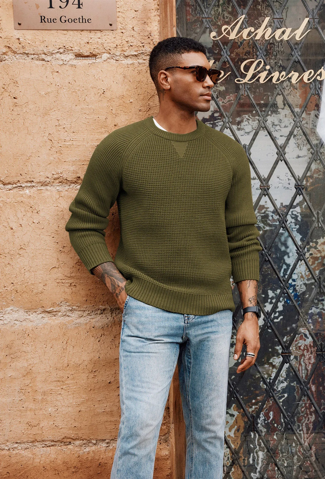 Men Waffle Textured Sweater Long Raglan Sleeve Crew Neck Ribbed Cuff Pullover