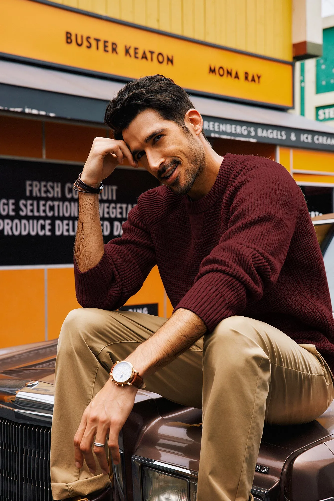 Men Waffle Textured Sweater Long Raglan Sleeve Crew Neck Ribbed Cuff Pullover