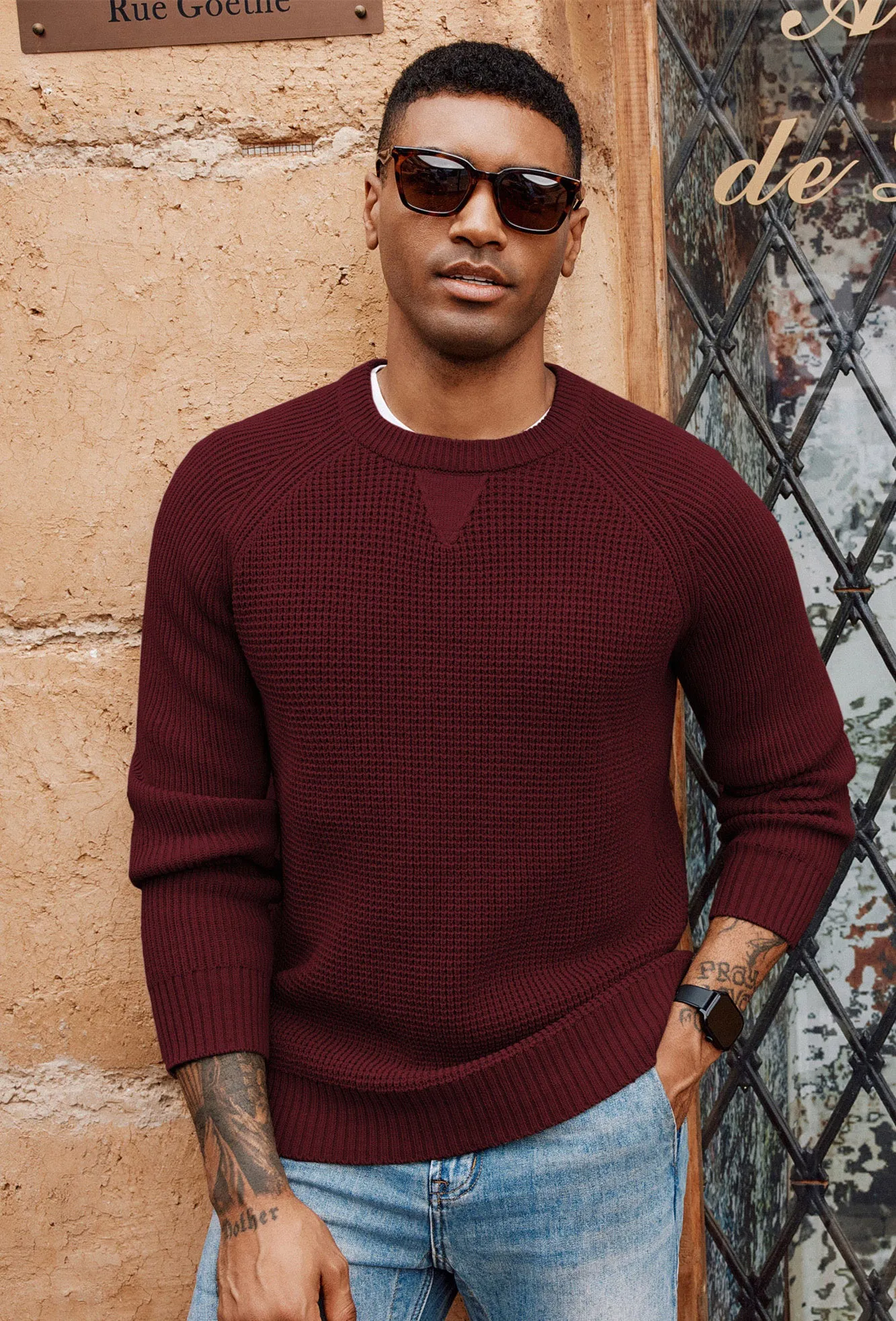 Men Waffle Textured Sweater Long Raglan Sleeve Crew Neck Ribbed Cuff Pullover