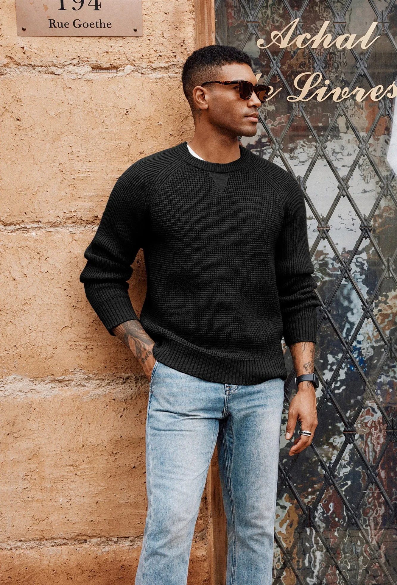 Men Waffle Textured Sweater Long Raglan Sleeve Crew Neck Ribbed Cuff Pullover