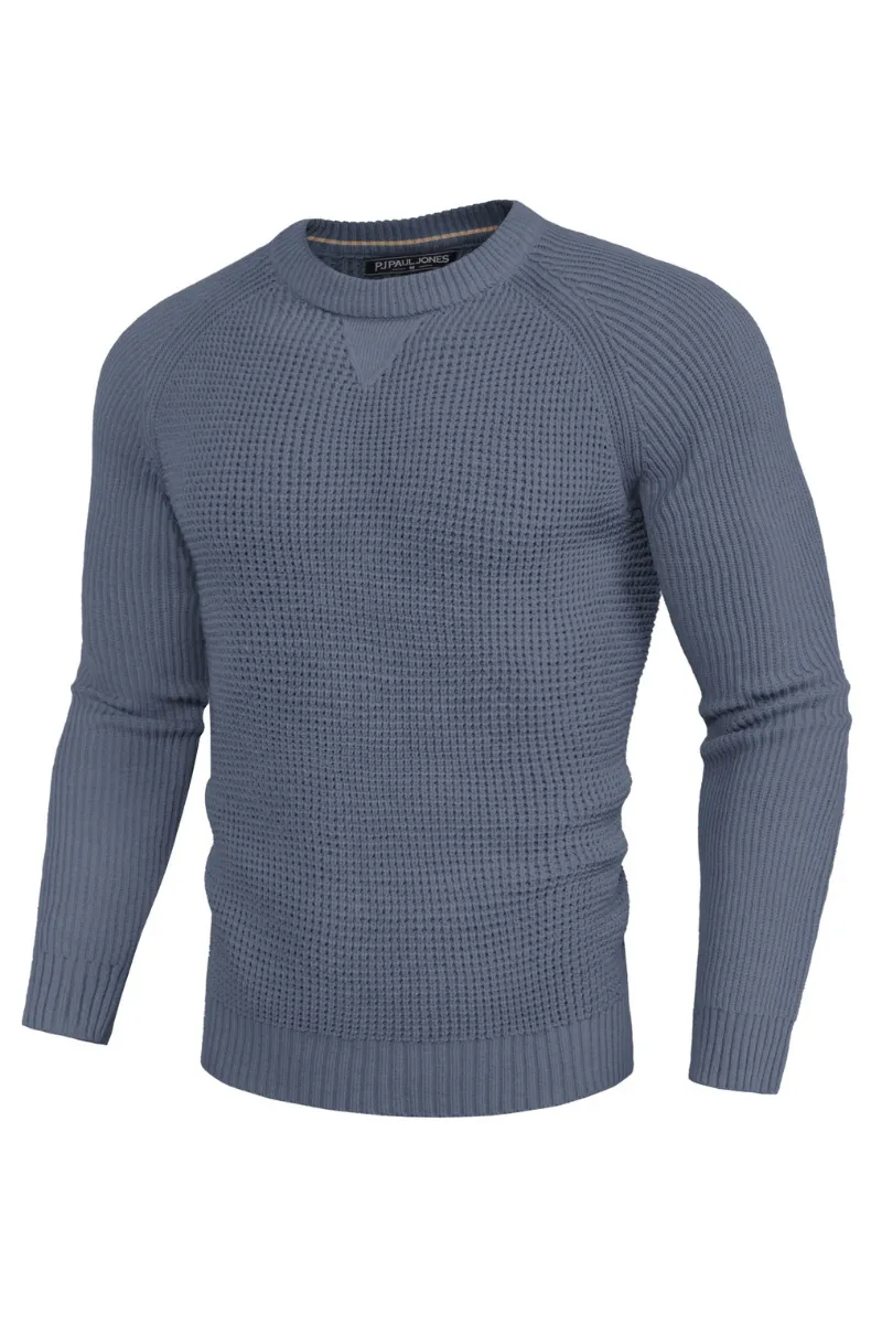 Men Waffle Textured Sweater Long Raglan Sleeve Crew Neck Ribbed Cuff Pullover
