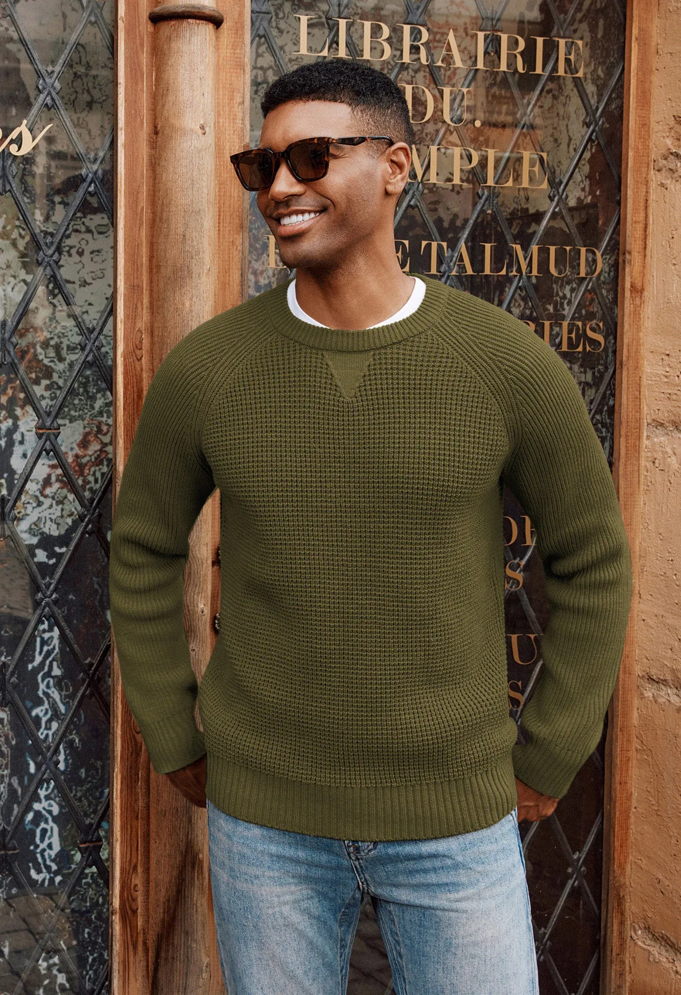 Men Waffle Textured Sweater Long Raglan Sleeve Crew Neck Ribbed Cuff Pullover