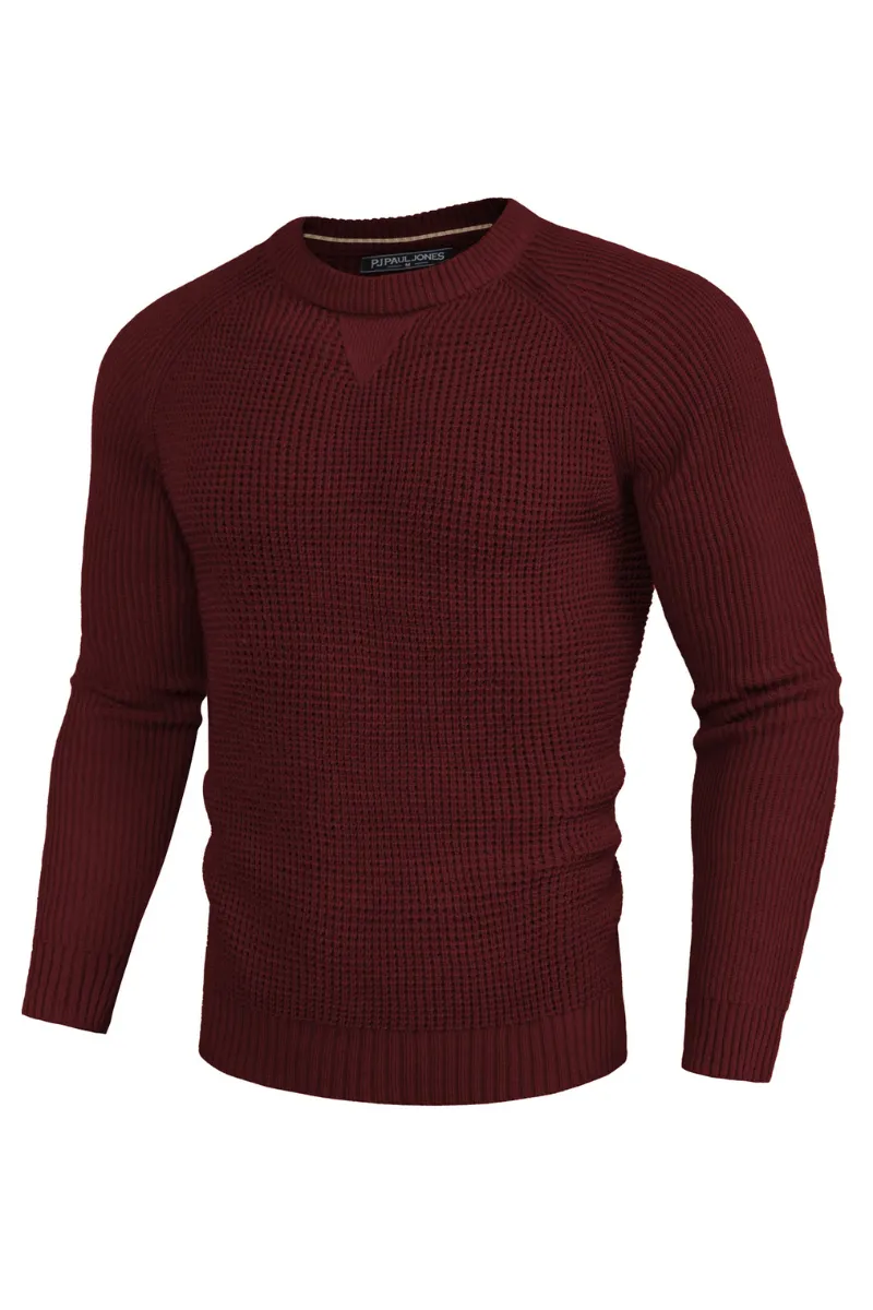 Men Waffle Textured Sweater Long Raglan Sleeve Crew Neck Ribbed Cuff Pullover