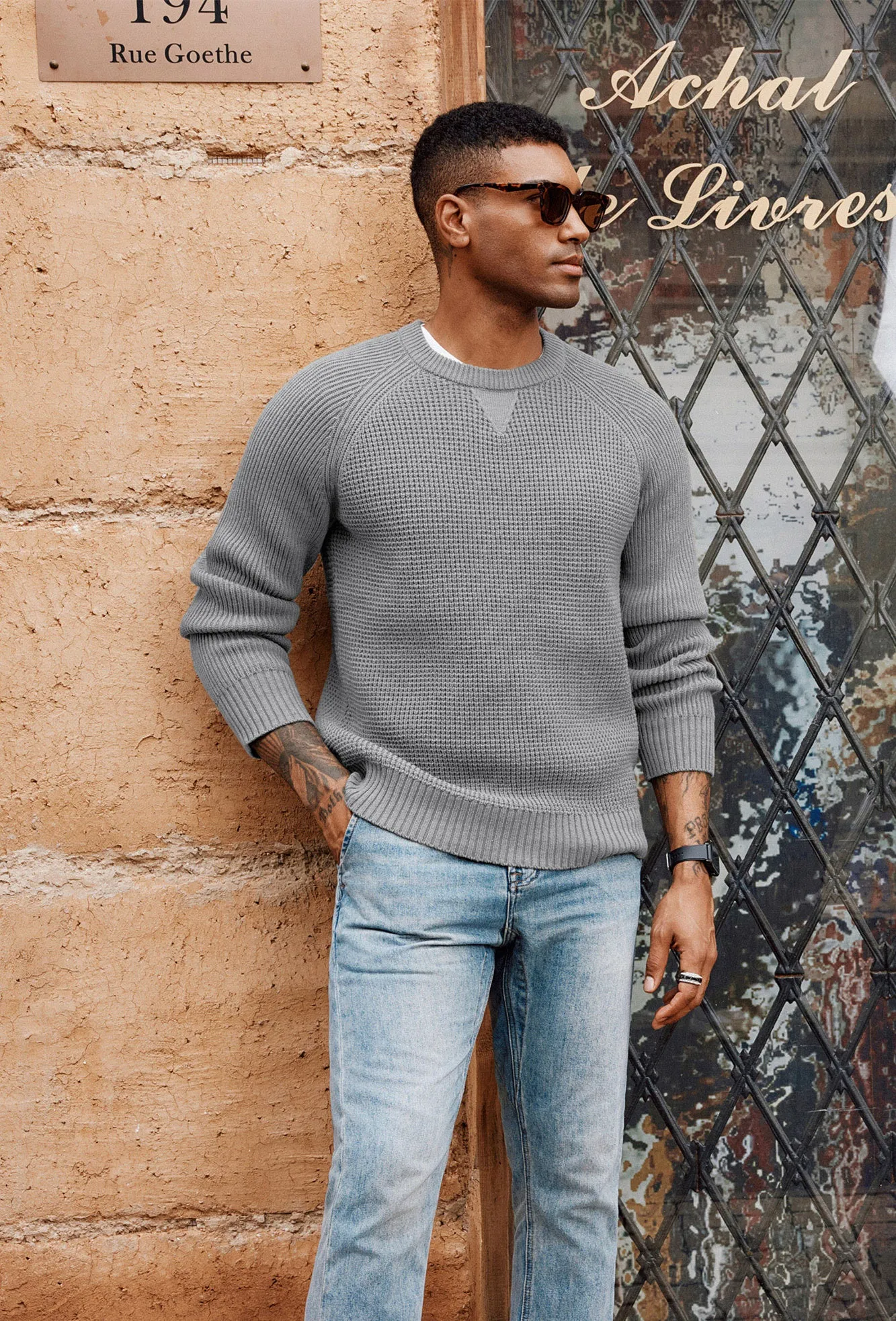 Men Waffle Textured Sweater Long Raglan Sleeve Crew Neck Ribbed Cuff Pullover