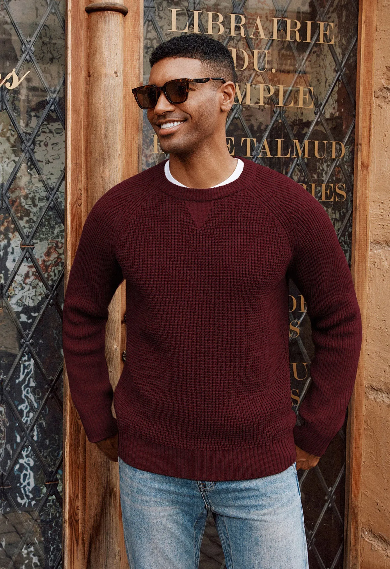 Men Waffle Textured Sweater Long Raglan Sleeve Crew Neck Ribbed Cuff Pullover