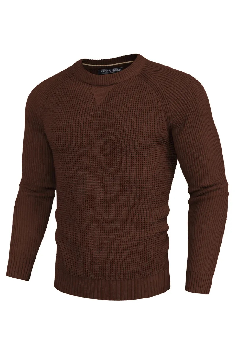 Men Waffle Textured Sweater Long Raglan Sleeve Crew Neck Ribbed Cuff Pullover