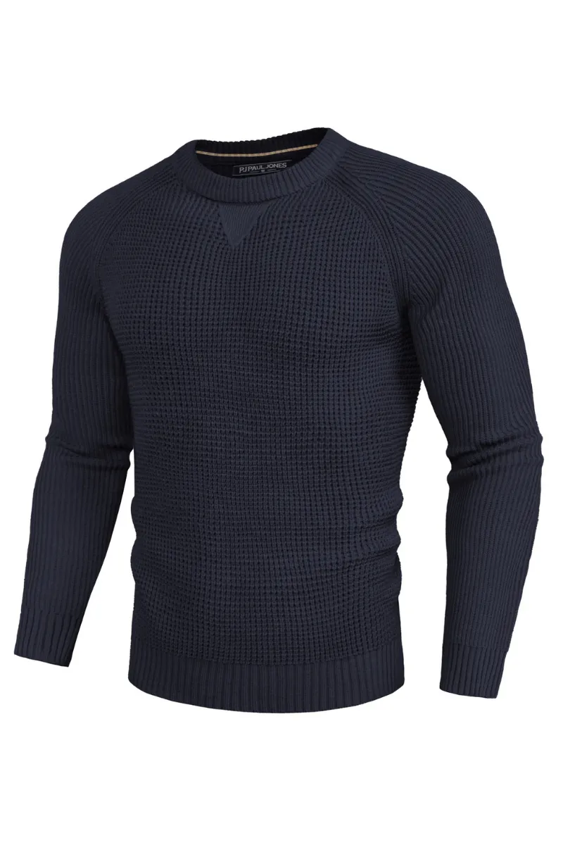 Men Waffle Textured Sweater Long Raglan Sleeve Crew Neck Ribbed Cuff Pullover