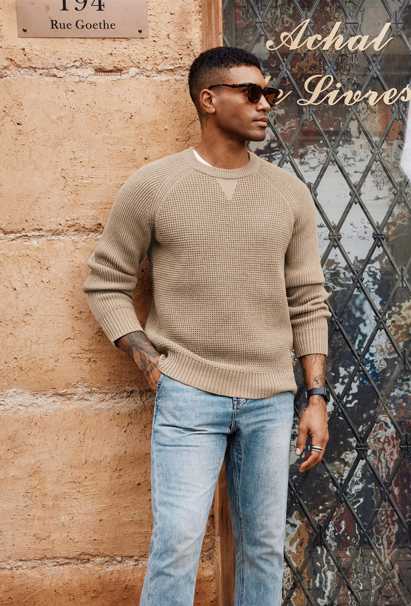 Men Waffle Textured Sweater Long Raglan Sleeve Crew Neck Ribbed Cuff Pullover
