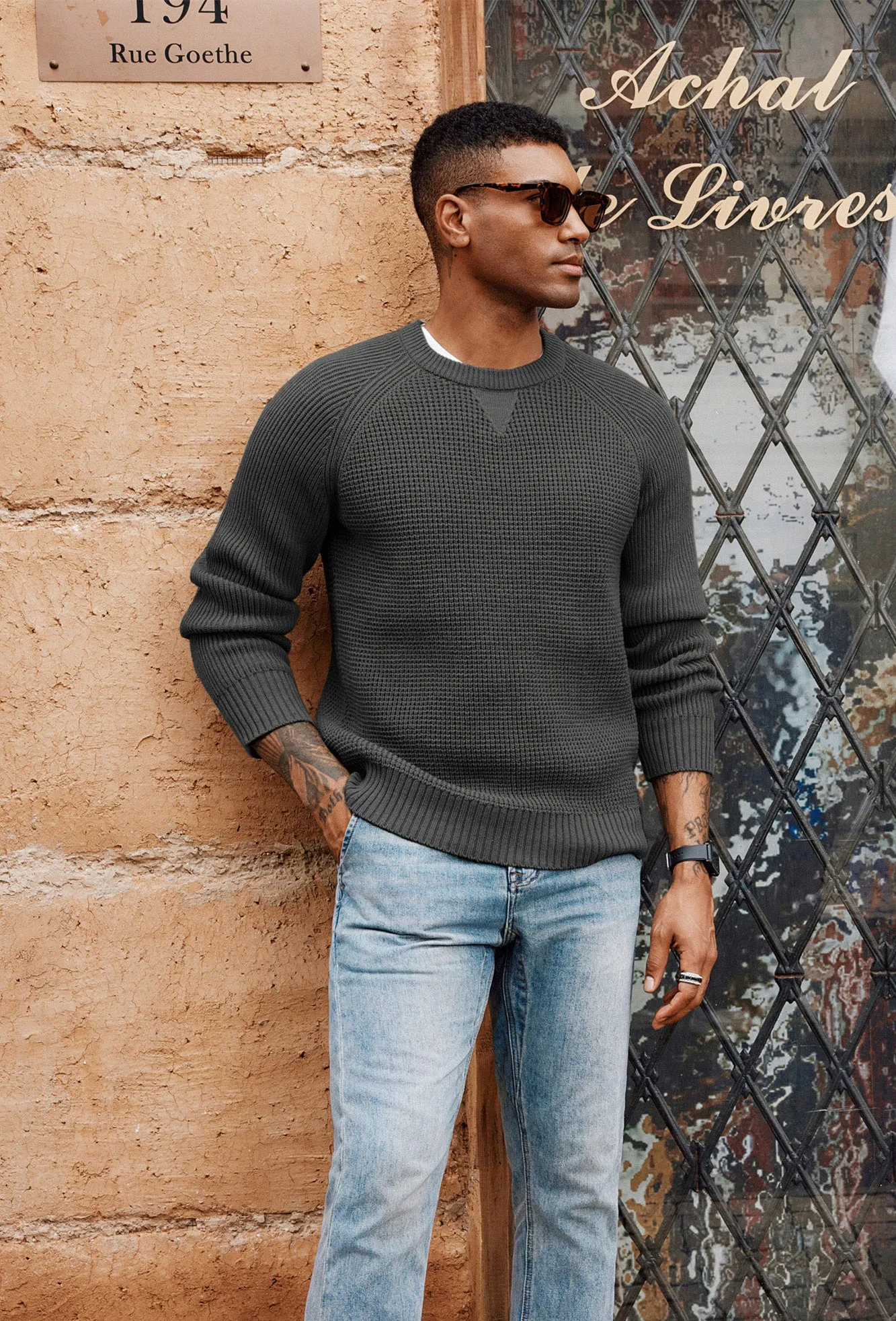 Men Waffle Textured Sweater Long Raglan Sleeve Crew Neck Ribbed Cuff Pullover