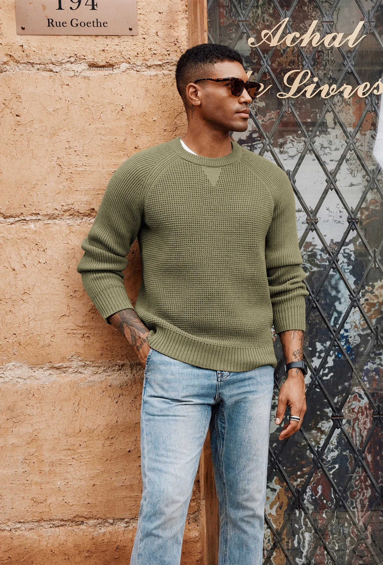 Men Waffle Textured Sweater Long Raglan Sleeve Crew Neck Ribbed Cuff Pullover