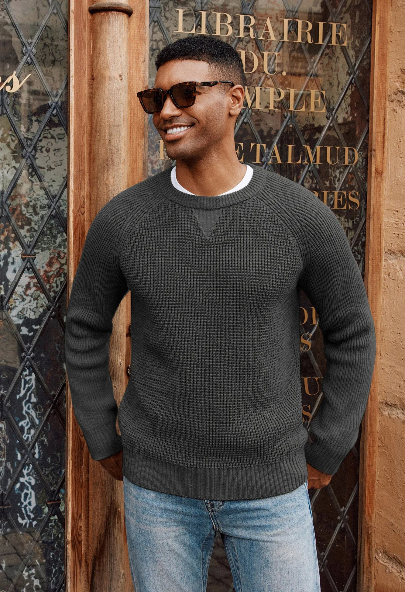 Men Waffle Textured Sweater Long Raglan Sleeve Crew Neck Ribbed Cuff Pullover