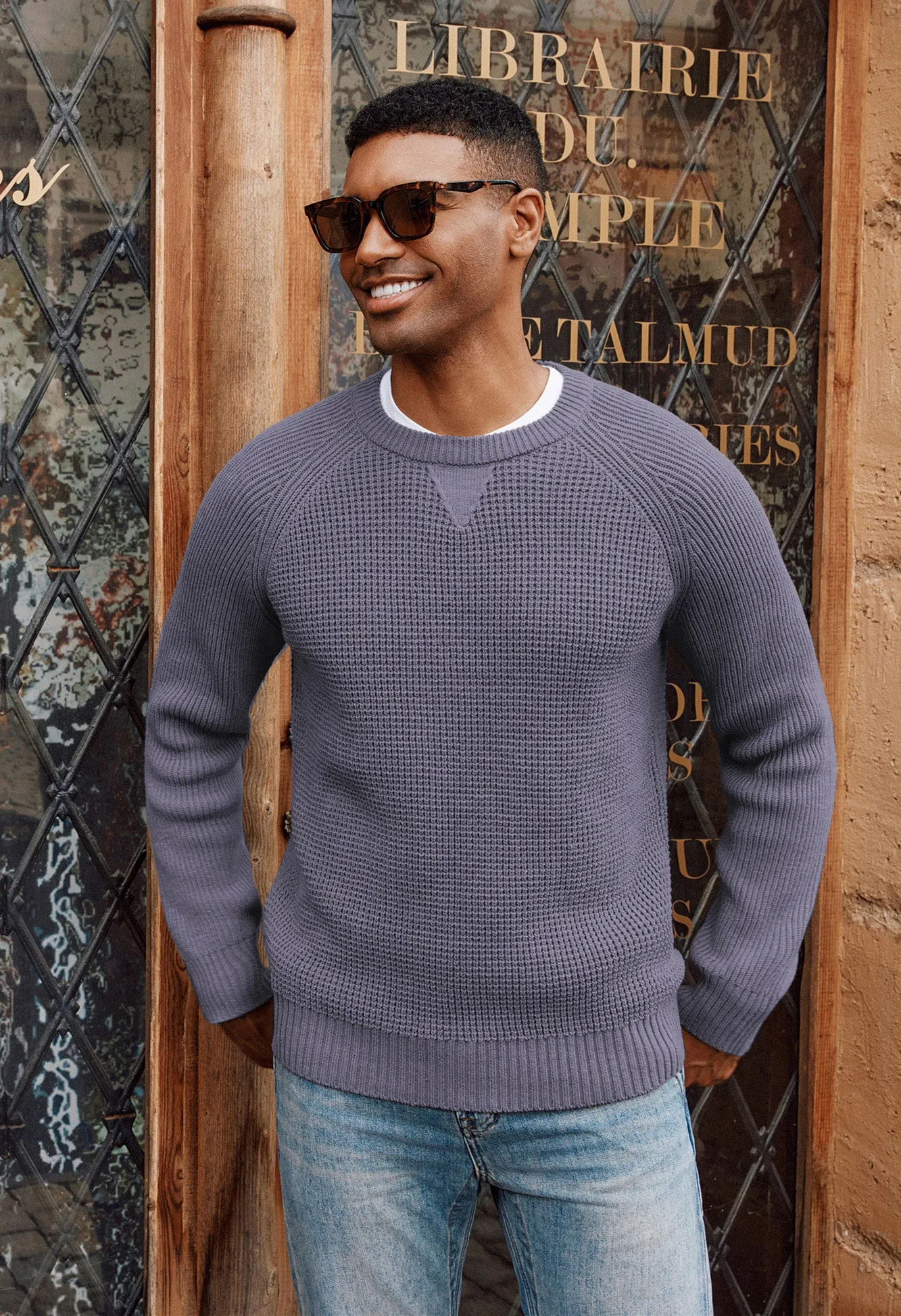 Men Waffle Textured Sweater Long Raglan Sleeve Crew Neck Ribbed Cuff Pullover