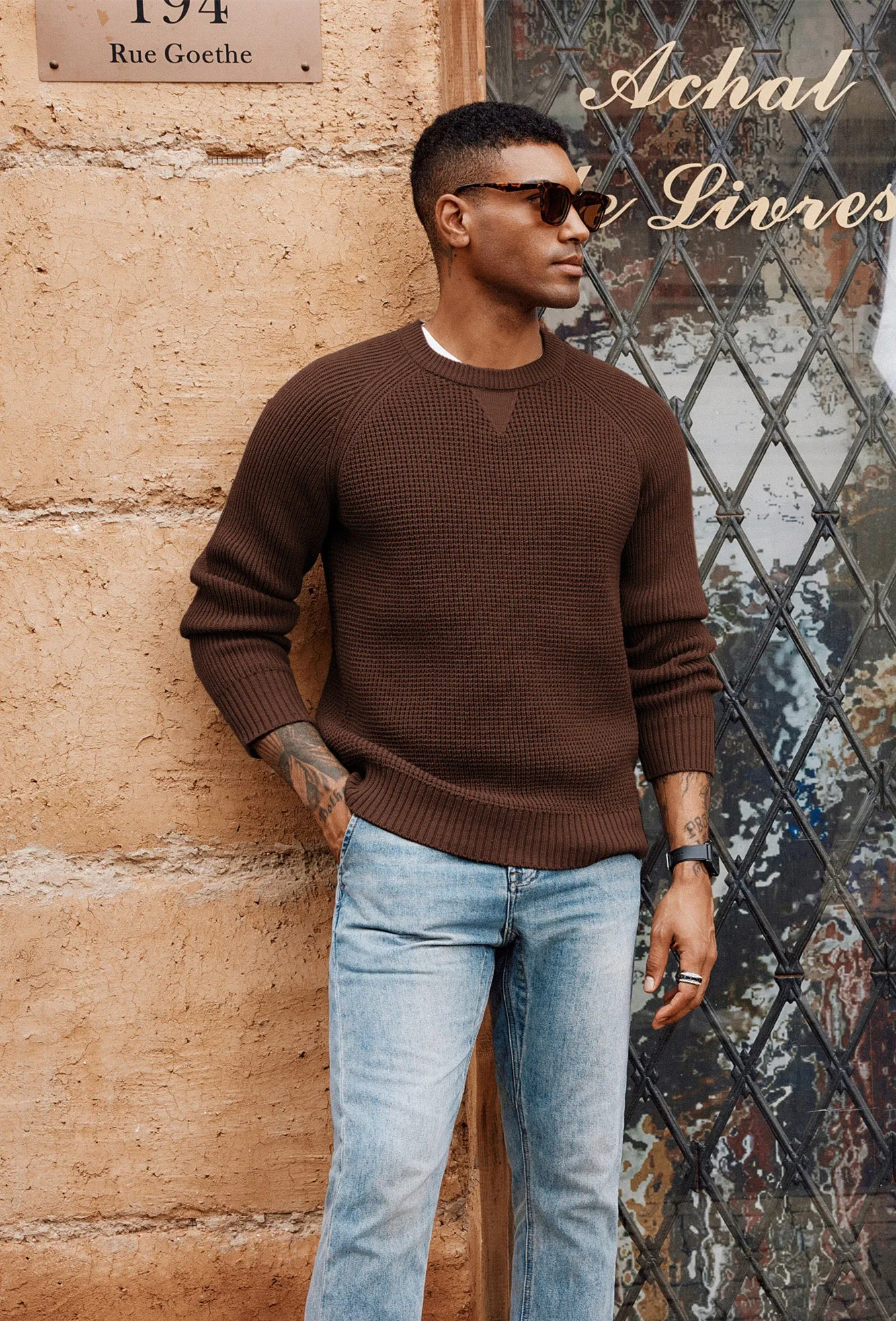 Men Waffle Textured Sweater Long Raglan Sleeve Crew Neck Ribbed Cuff Pullover