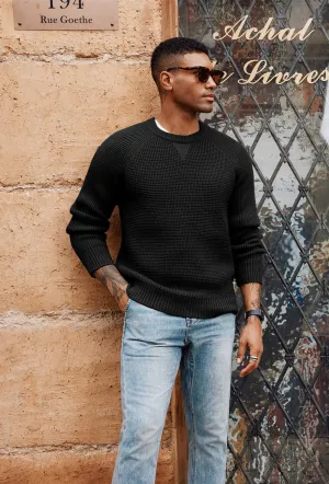 Men Waffle Textured Sweater Long Raglan Sleeve Crew Neck Ribbed Cuff Pullover