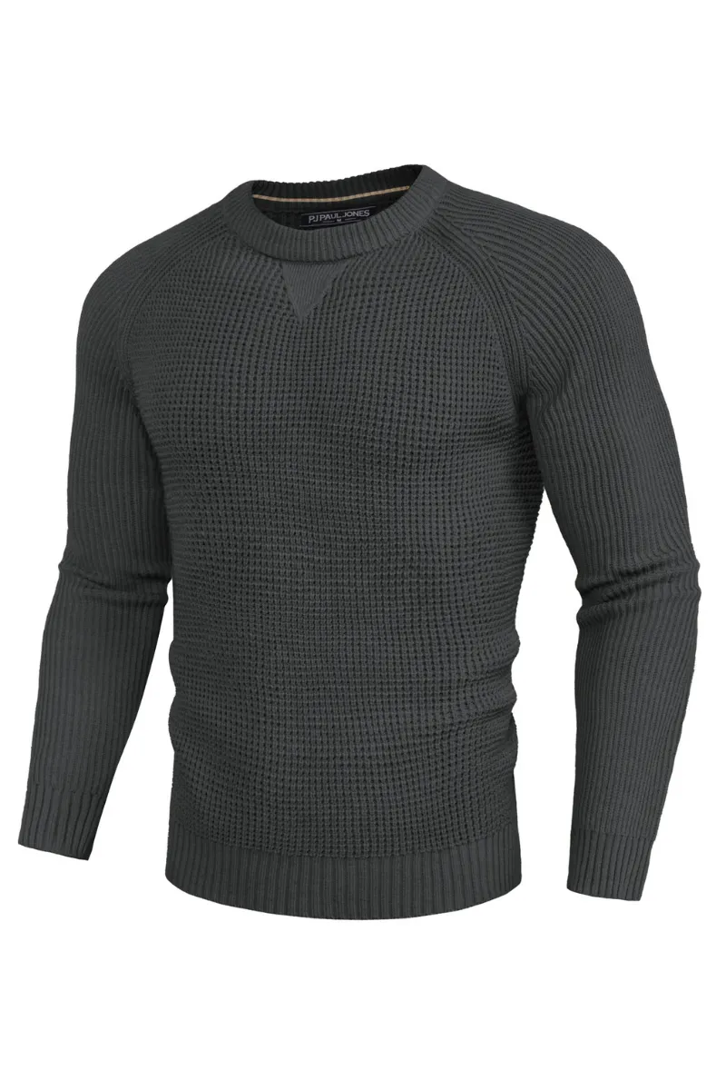 Men Waffle Textured Sweater Long Raglan Sleeve Crew Neck Ribbed Cuff Pullover