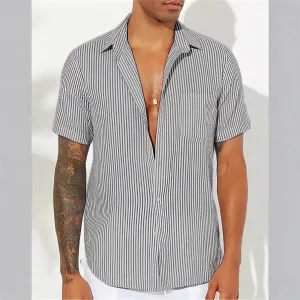 Mens Casual Shirt  Cotton Blend  Relaxed Fit  Short Sleeve  Vertical Stripes