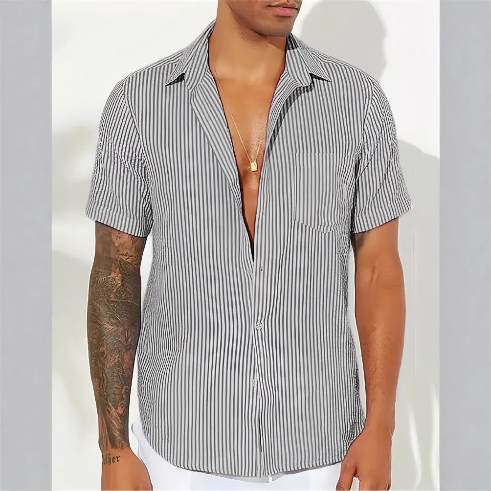 Mens Casual Shirt  Cotton Blend  Relaxed Fit  Short Sleeve  Vertical Stripes