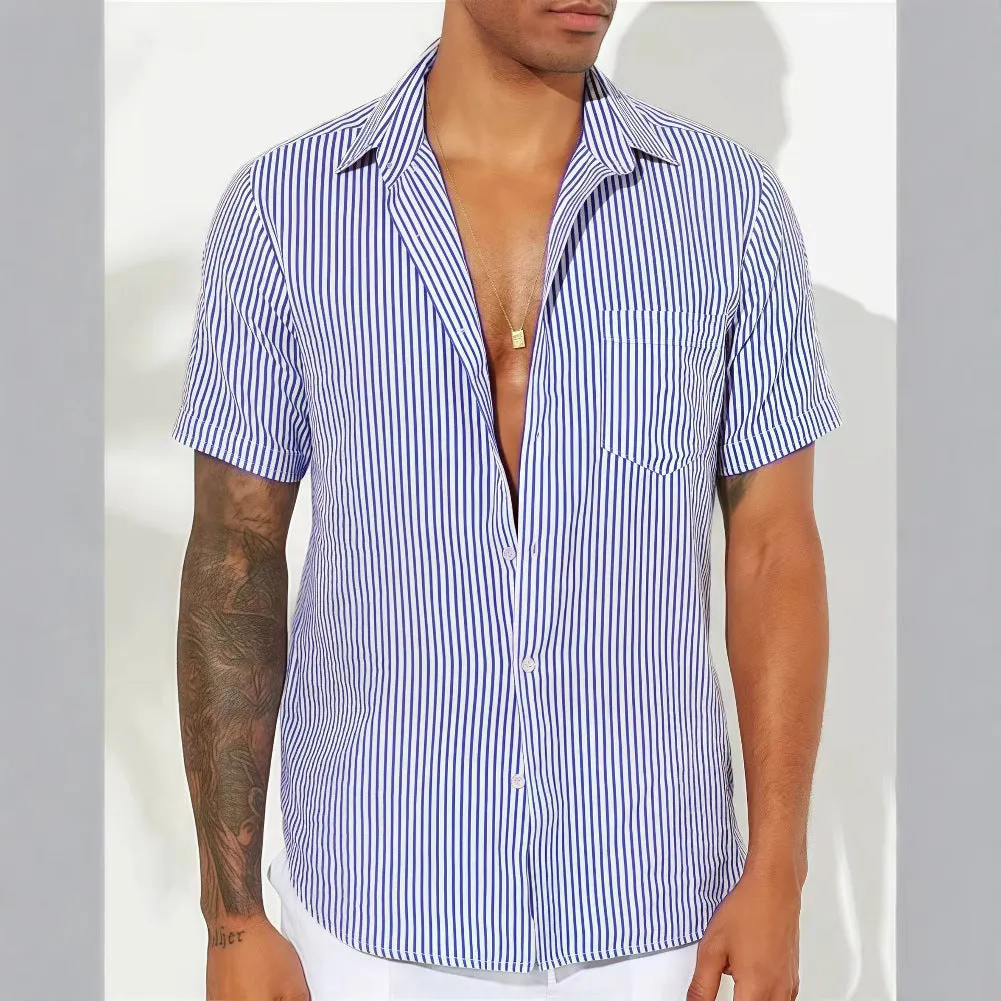 Mens Casual Shirt  Cotton Blend  Relaxed Fit  Short Sleeve  Vertical Stripes