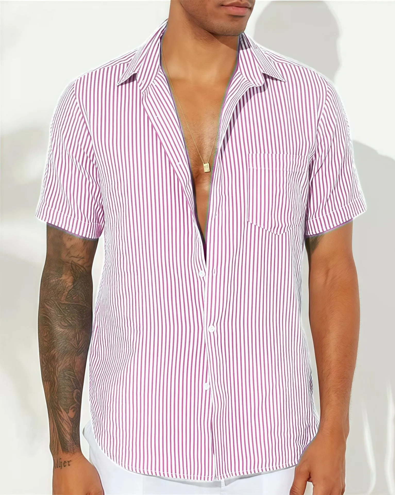 Mens Casual Shirt  Cotton Blend  Relaxed Fit  Short Sleeve  Vertical Stripes