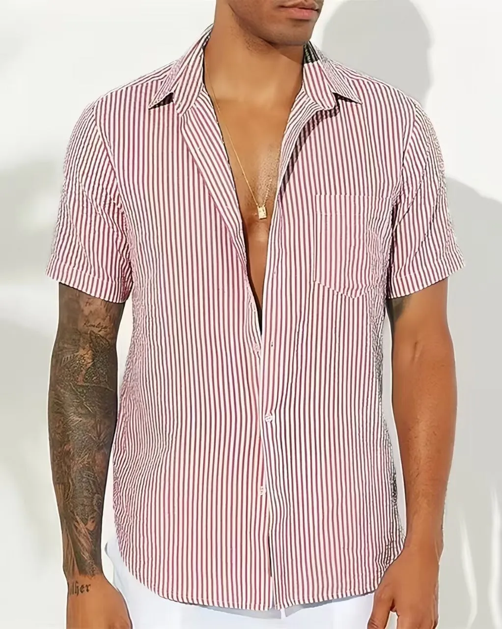 Mens Casual Shirt  Cotton Blend  Relaxed Fit  Short Sleeve  Vertical Stripes