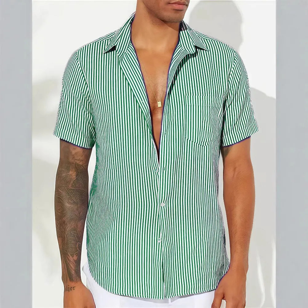 Mens Casual Shirt  Cotton Blend  Relaxed Fit  Short Sleeve  Vertical Stripes