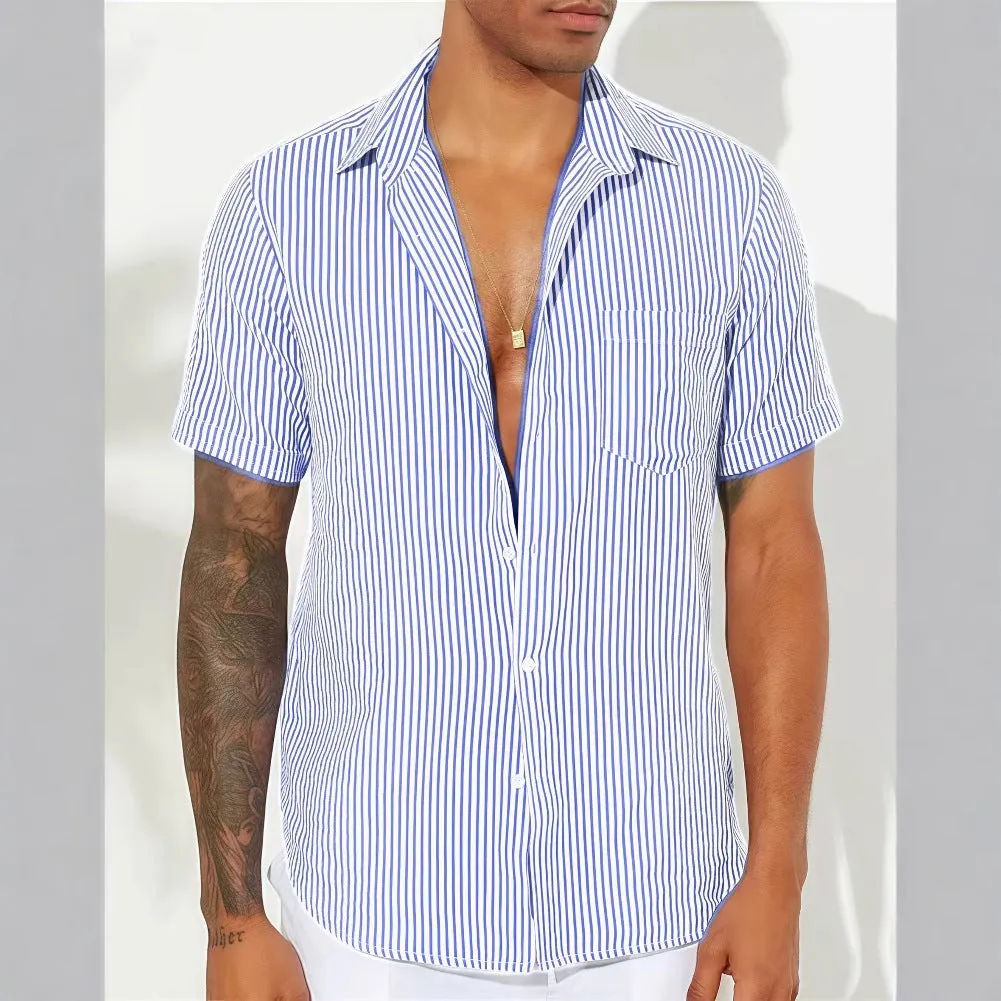 Mens Casual Shirt  Cotton Blend  Relaxed Fit  Short Sleeve  Vertical Stripes