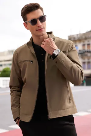 Men’s Stand Collar Zipper Pockets Khaki Jacket