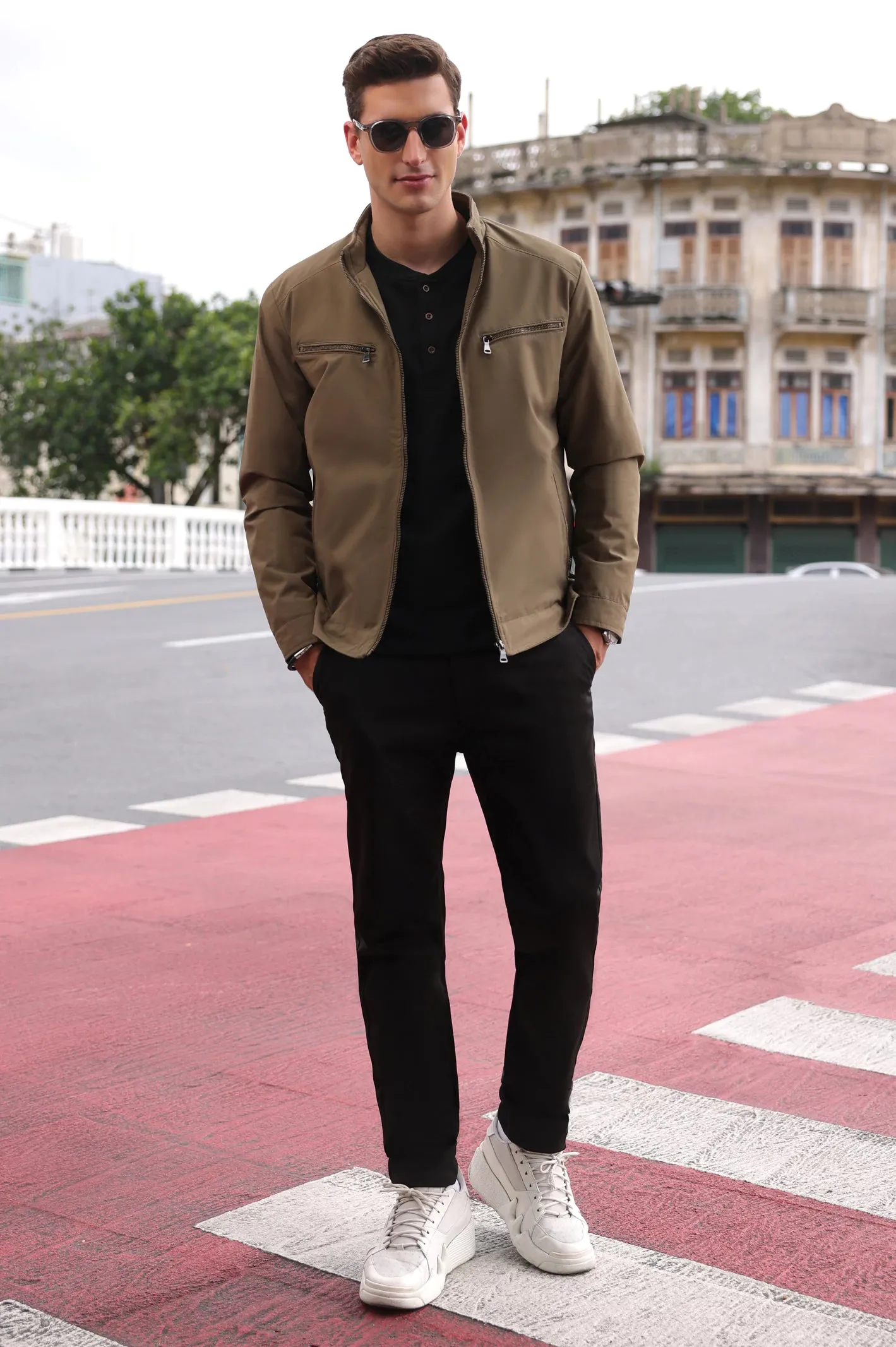 Men’s Stand Collar Zipper Pockets Khaki Jacket