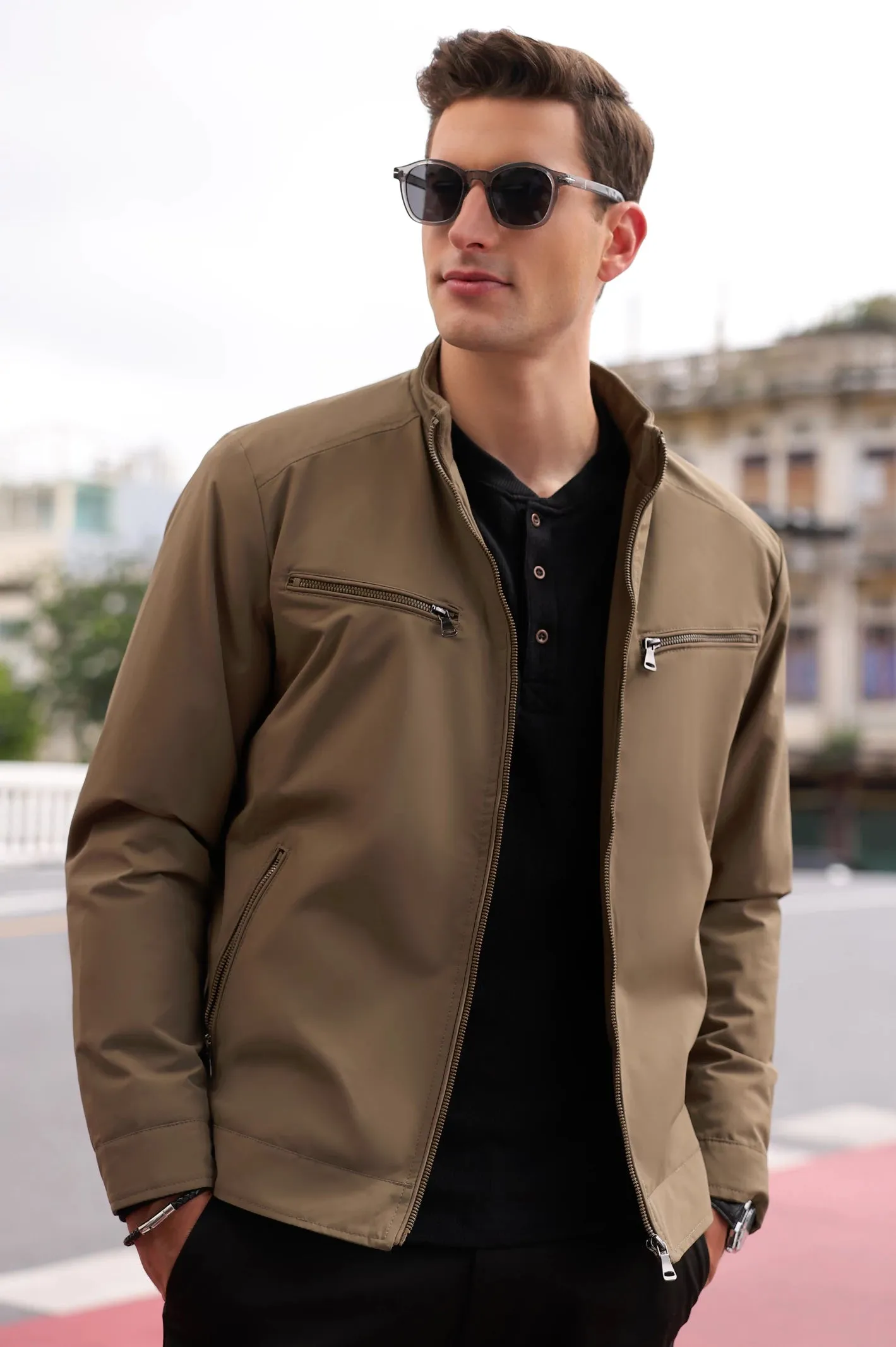 Men’s Stand Collar Zipper Pockets Khaki Jacket