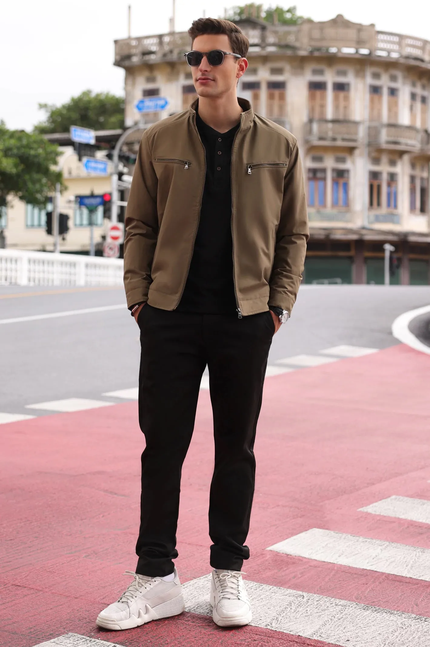 Men’s Stand Collar Zipper Pockets Khaki Jacket