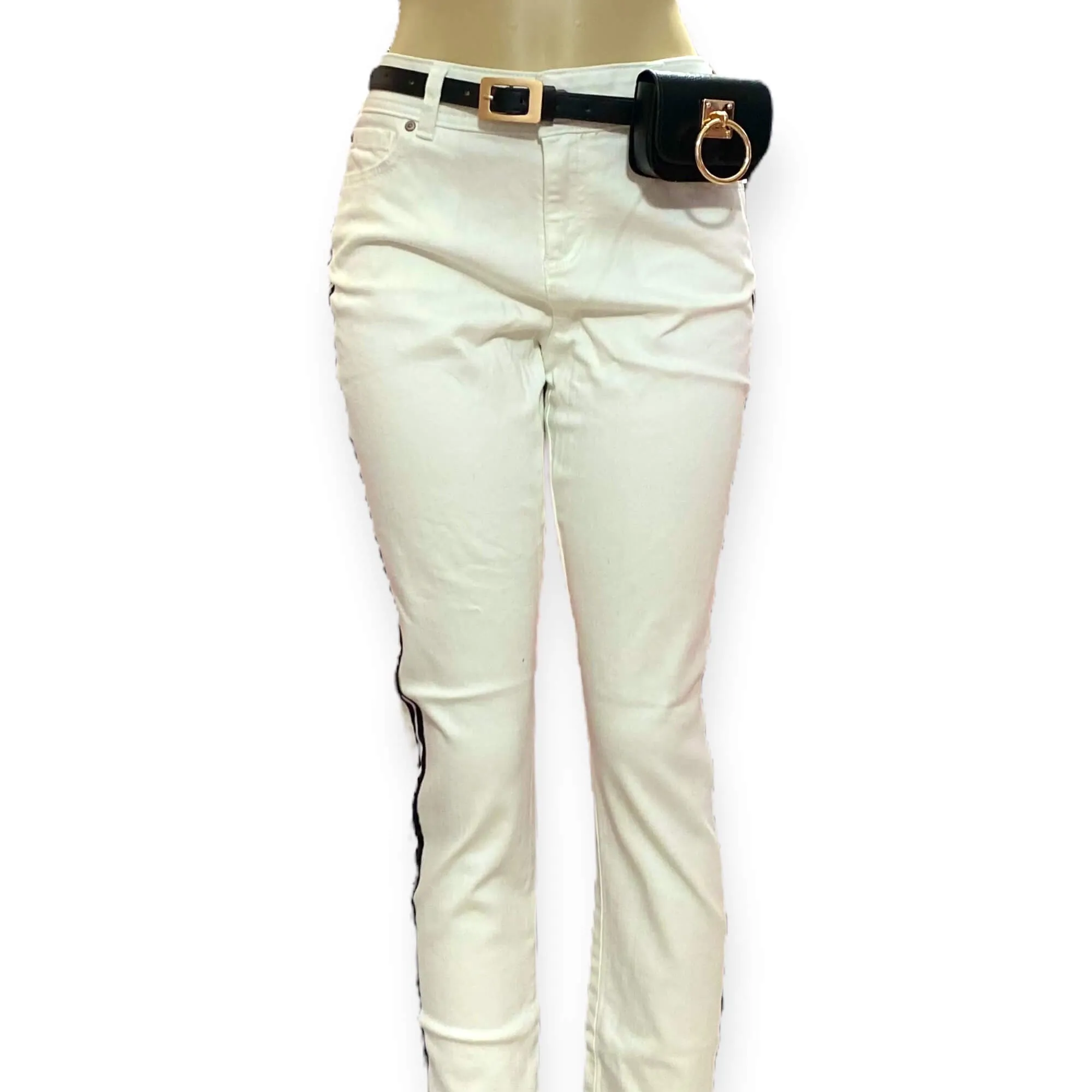 Mid Rise White Black Striped Ankle Jeans