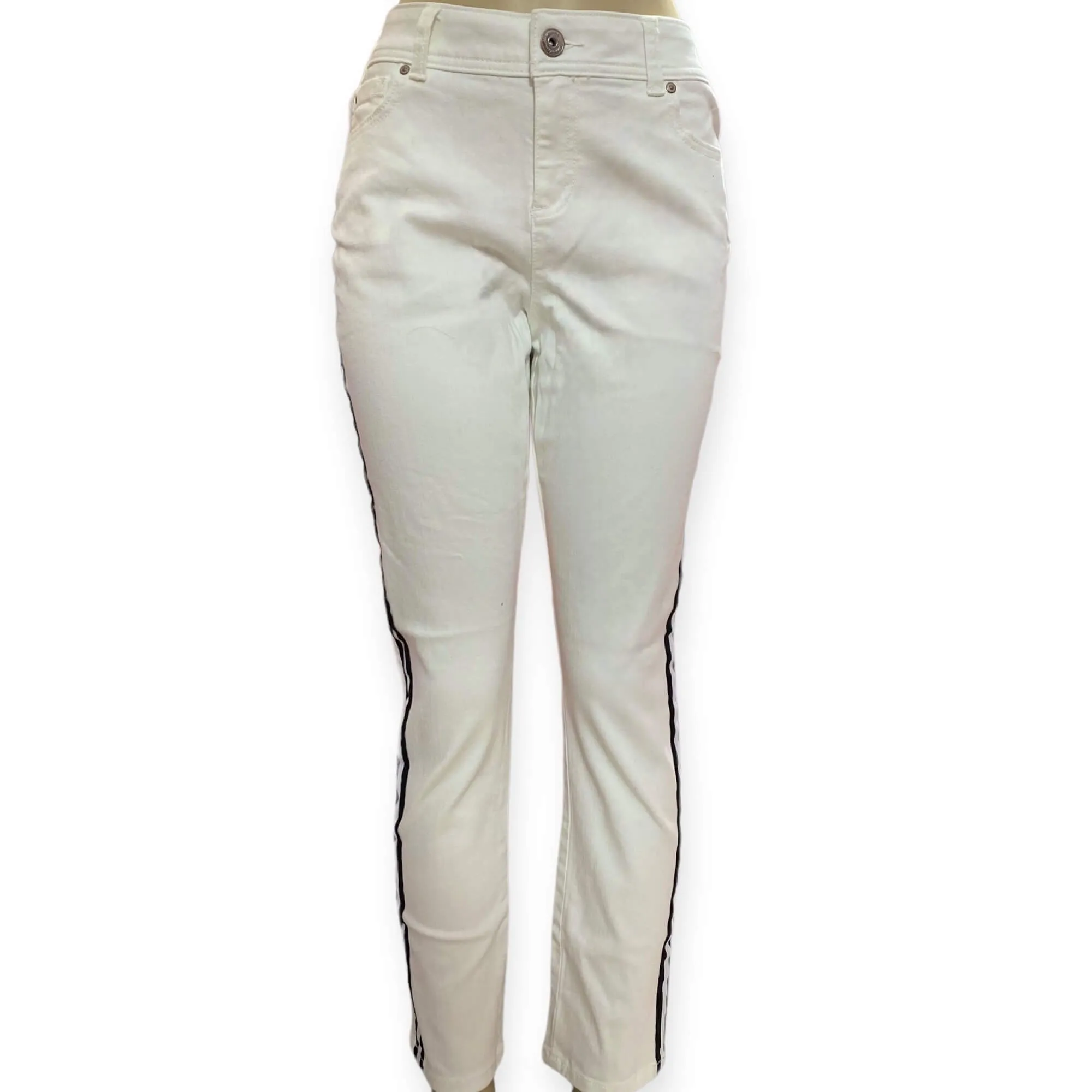 Mid Rise White Black Striped Ankle Jeans
