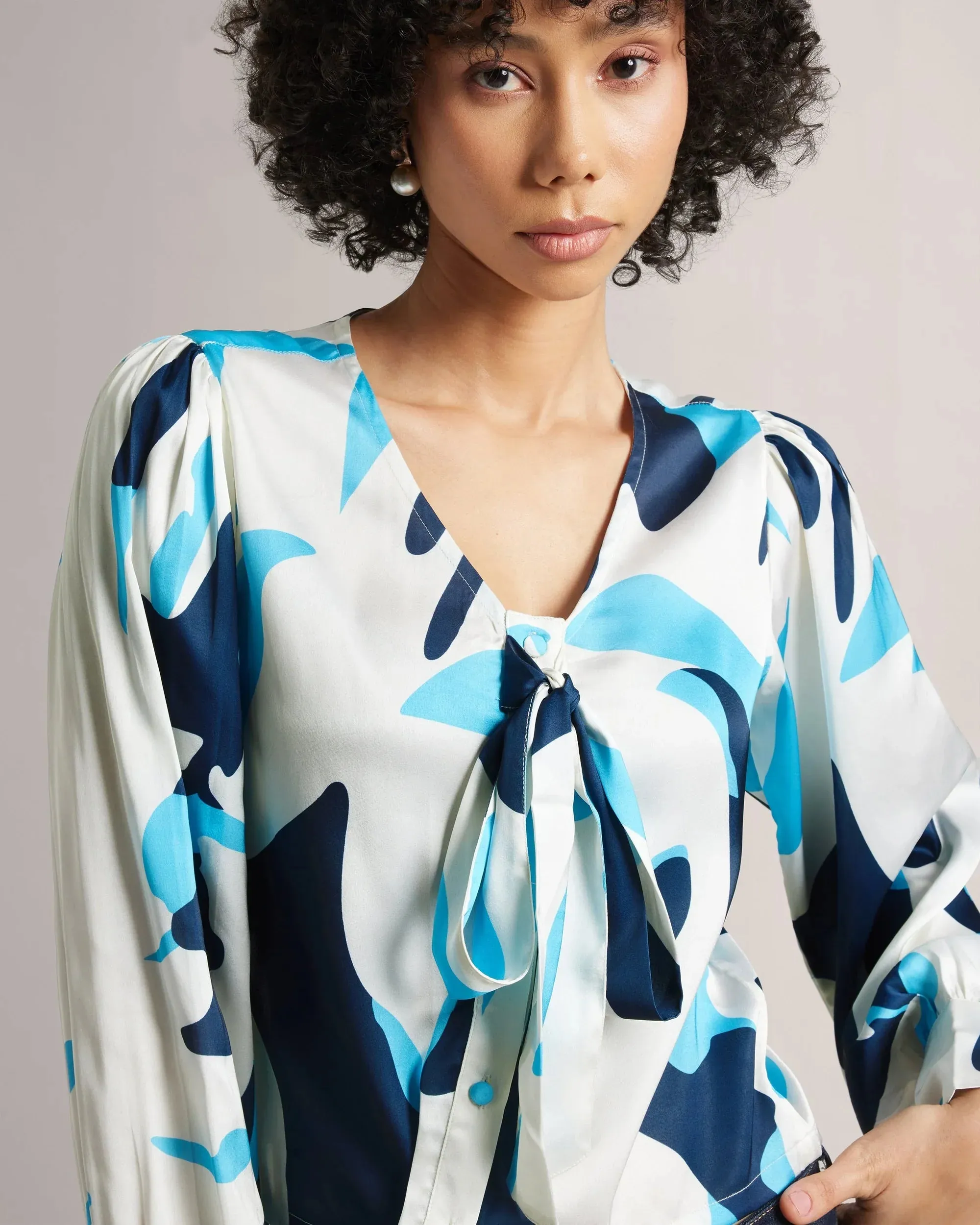 Multicolored Blue Satin Crop Shirt Only