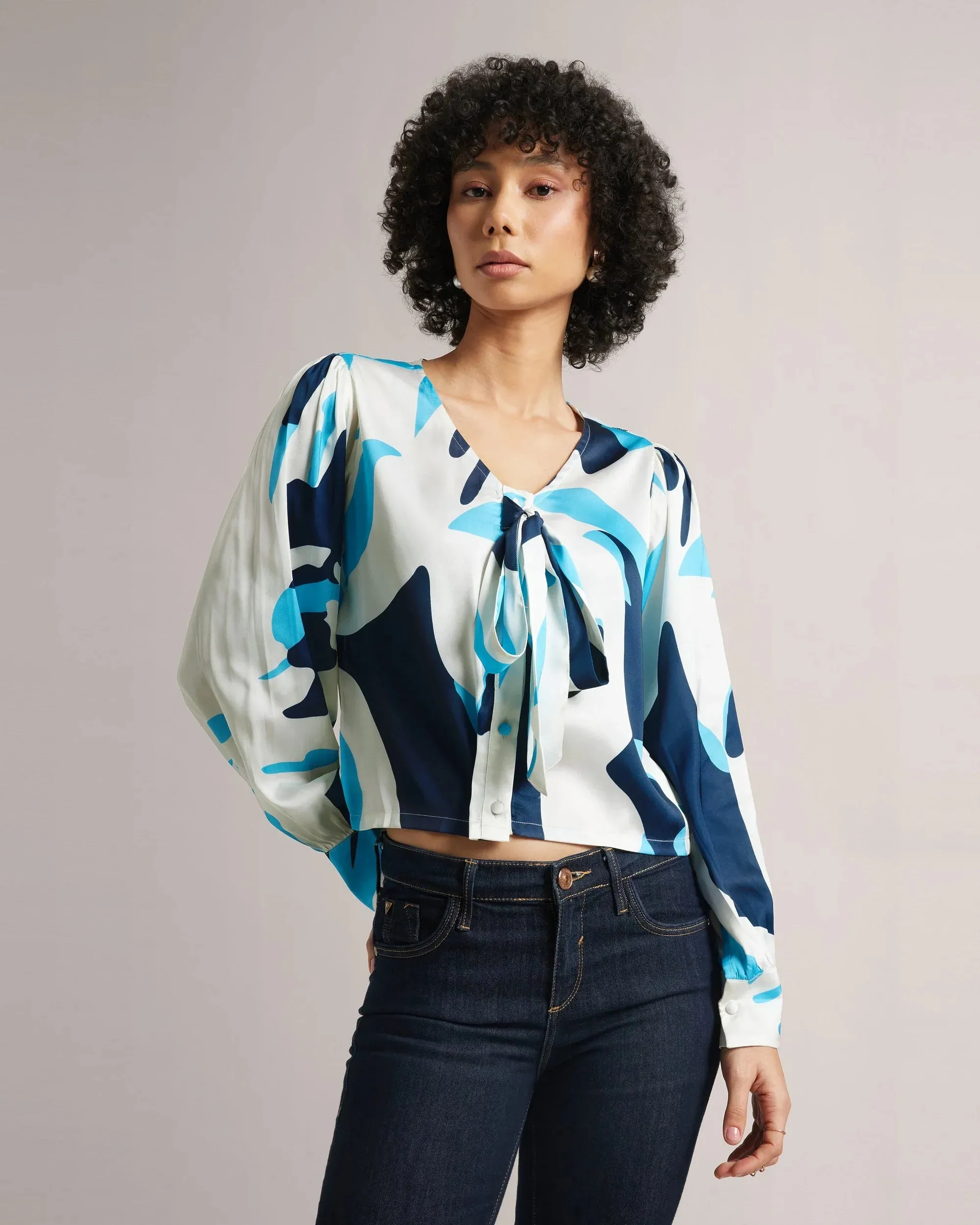 Multicolored Blue Satin Crop Shirt Only
