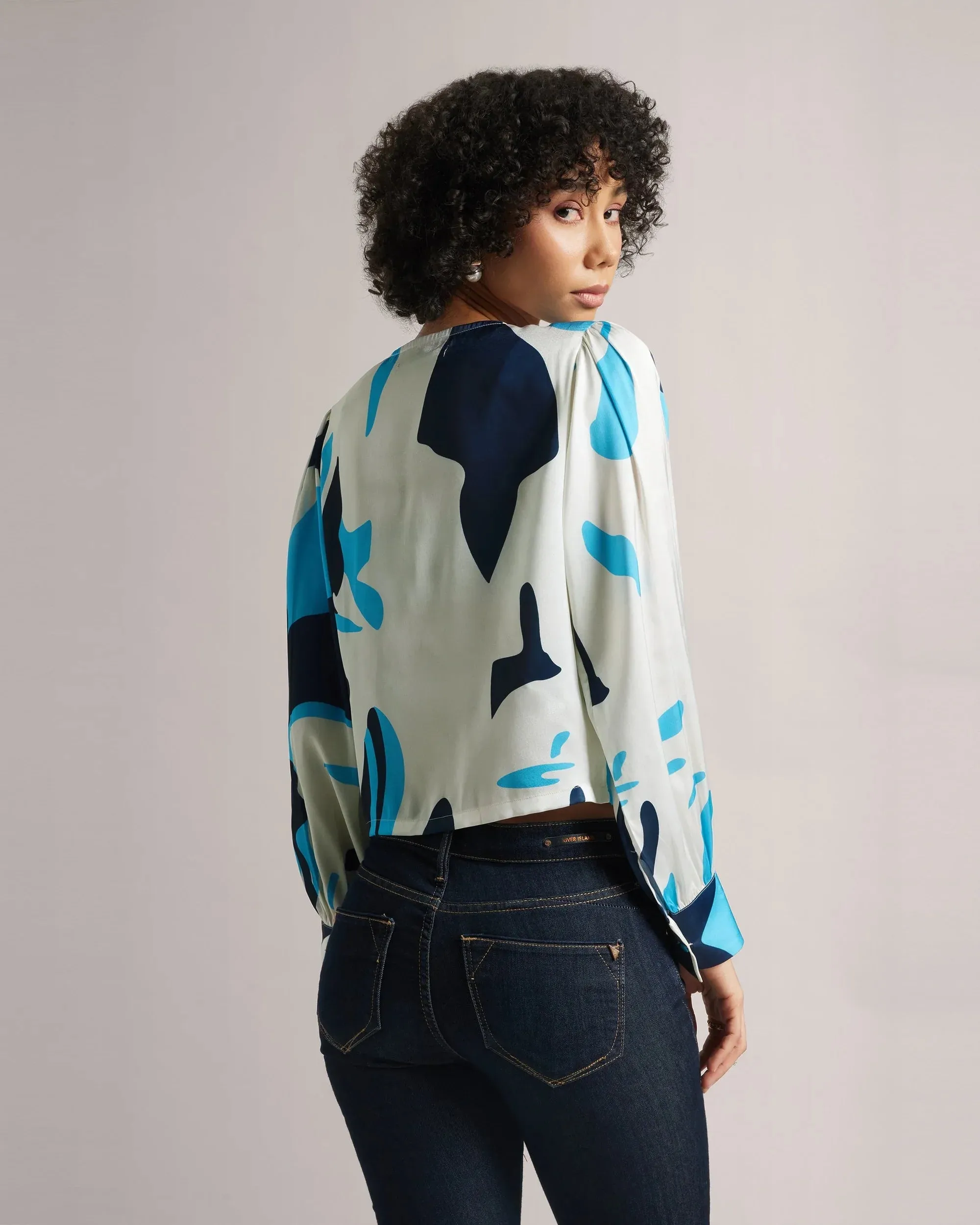 Multicolored Blue Satin Crop Shirt Only