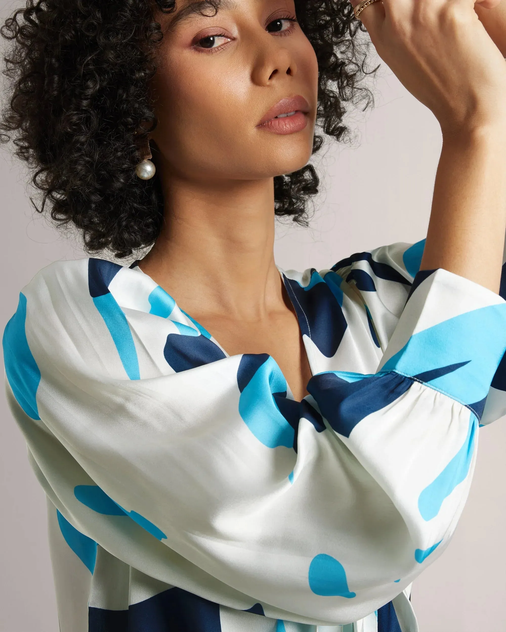 Multicolored Blue Satin Crop Shirt Only
