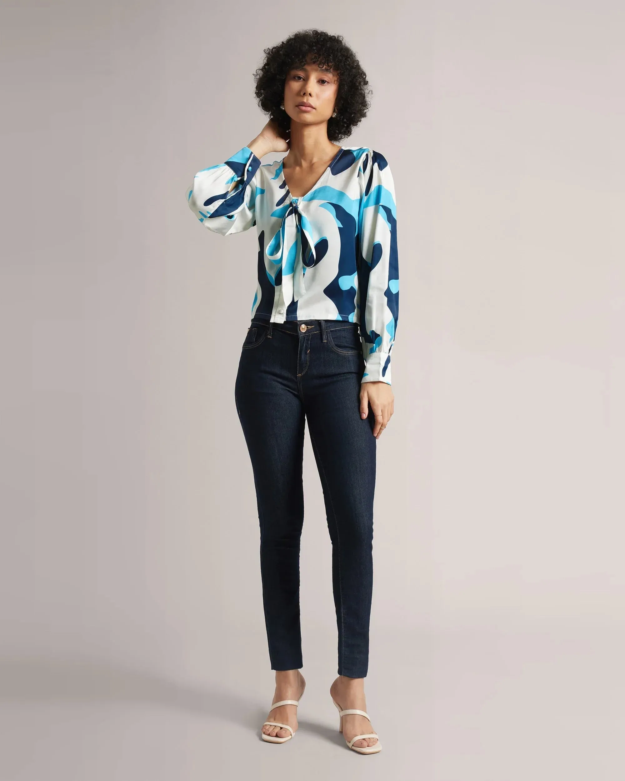 Multicolored Blue Satin Crop Shirt Only