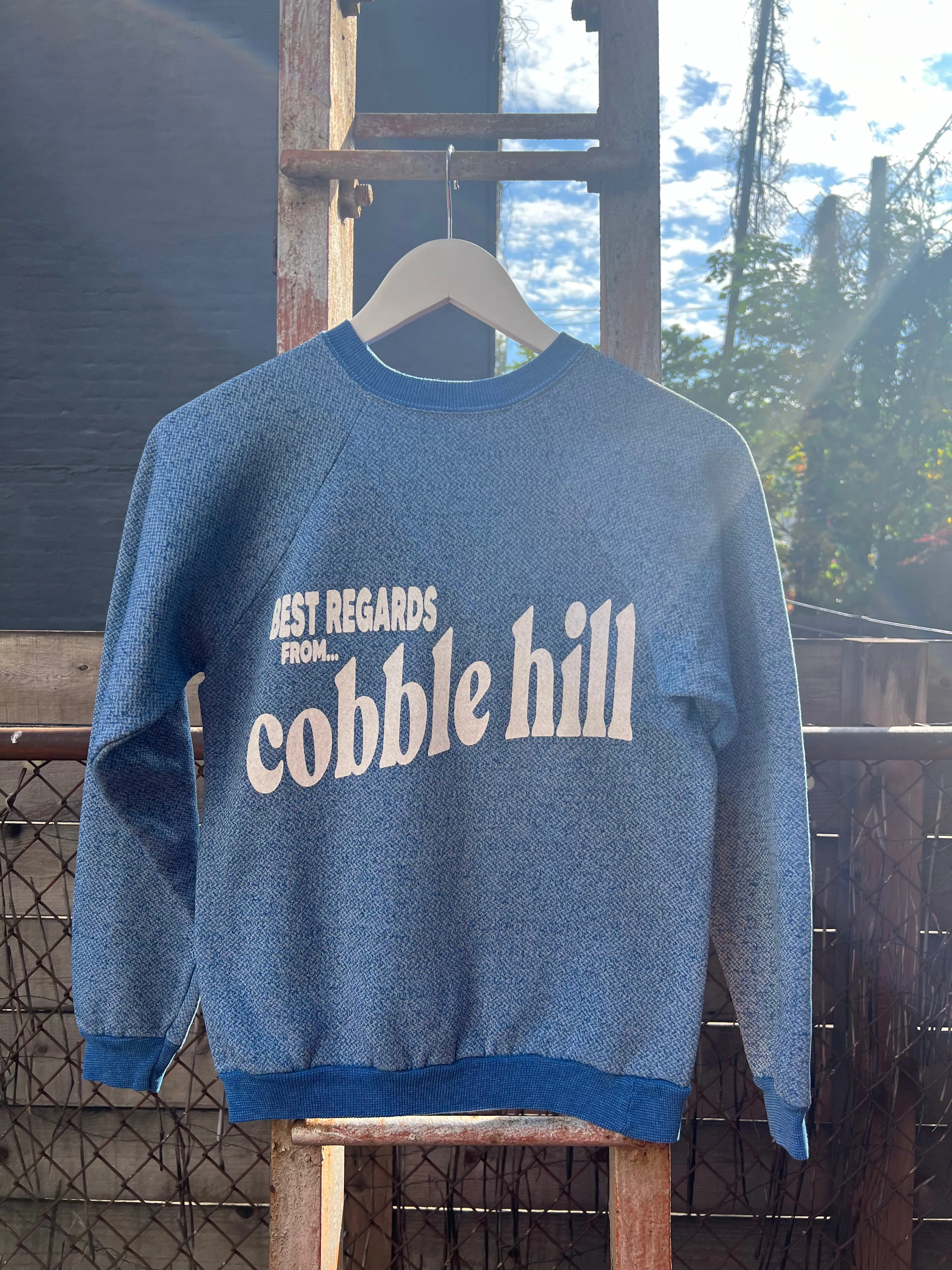 Neighborhood postcard upcycled sweatshirt, Cobble Hill
