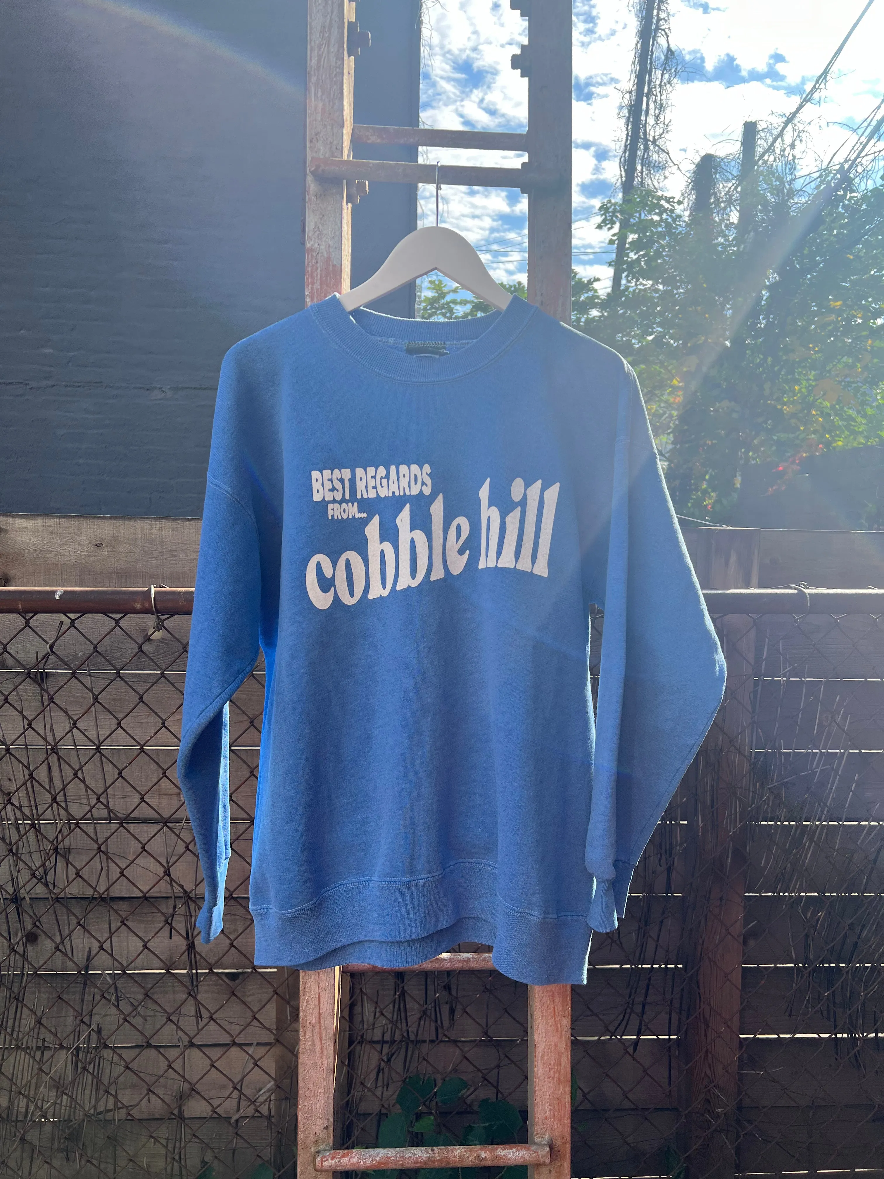 Neighborhood postcard upcycled sweatshirt, Cobble Hill