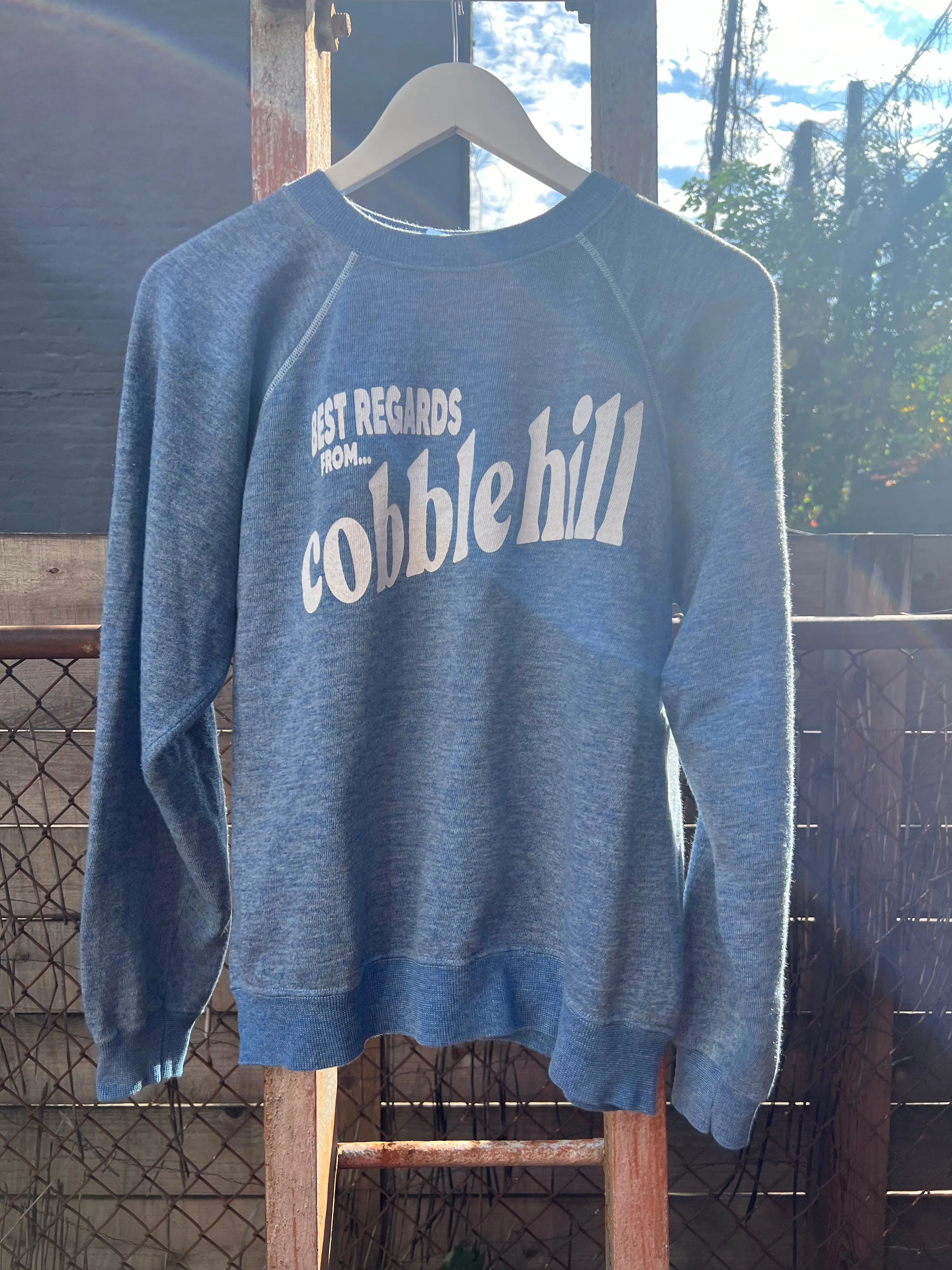 Neighborhood postcard upcycled sweatshirt, Cobble Hill