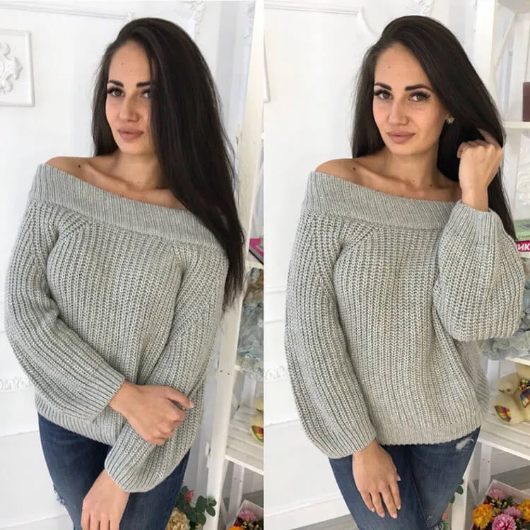Off Shoulder Pure Color Long Puff Sleeves Sweater