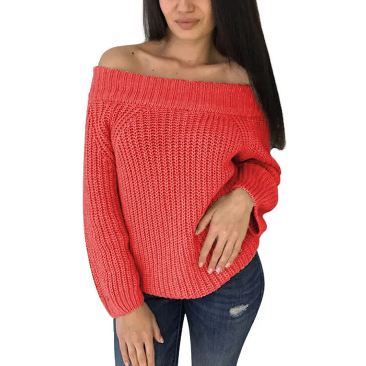 Off Shoulder Pure Color Long Puff Sleeves Sweater