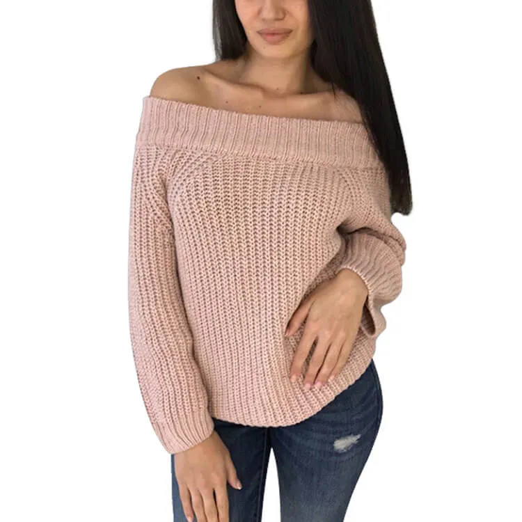 Off Shoulder Pure Color Long Puff Sleeves Sweater