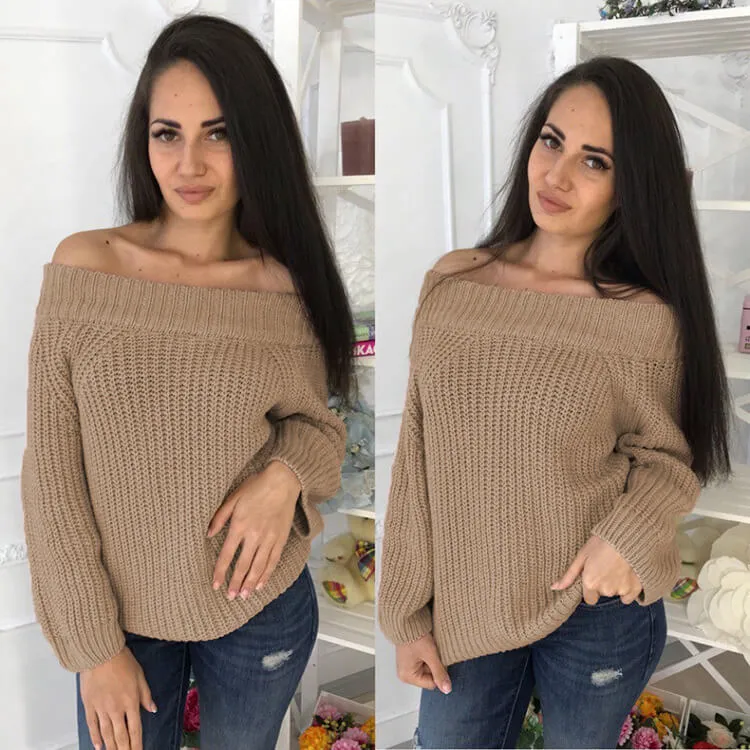 Off Shoulder Pure Color Long Puff Sleeves Sweater